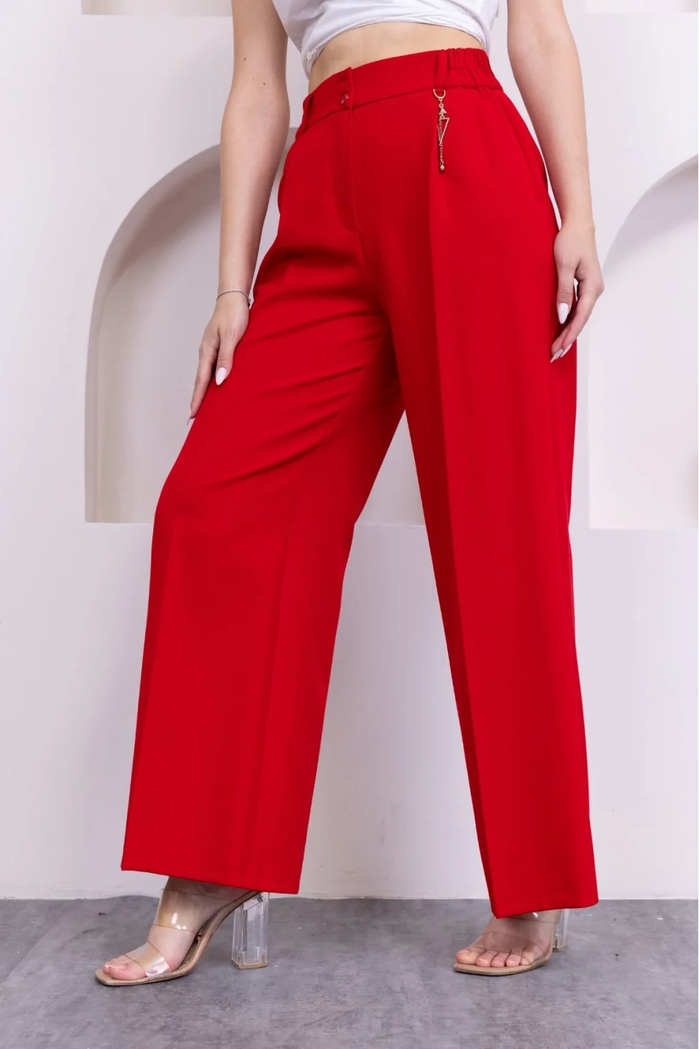 Aksesuar Detaylı Beli Lastikli Palazzo Pantolon 516-Kırmızı