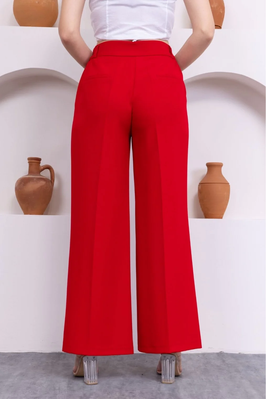 Aksesuar Detaylı Beli Lastikli Palazzo Pantolon 516-Kırmızı