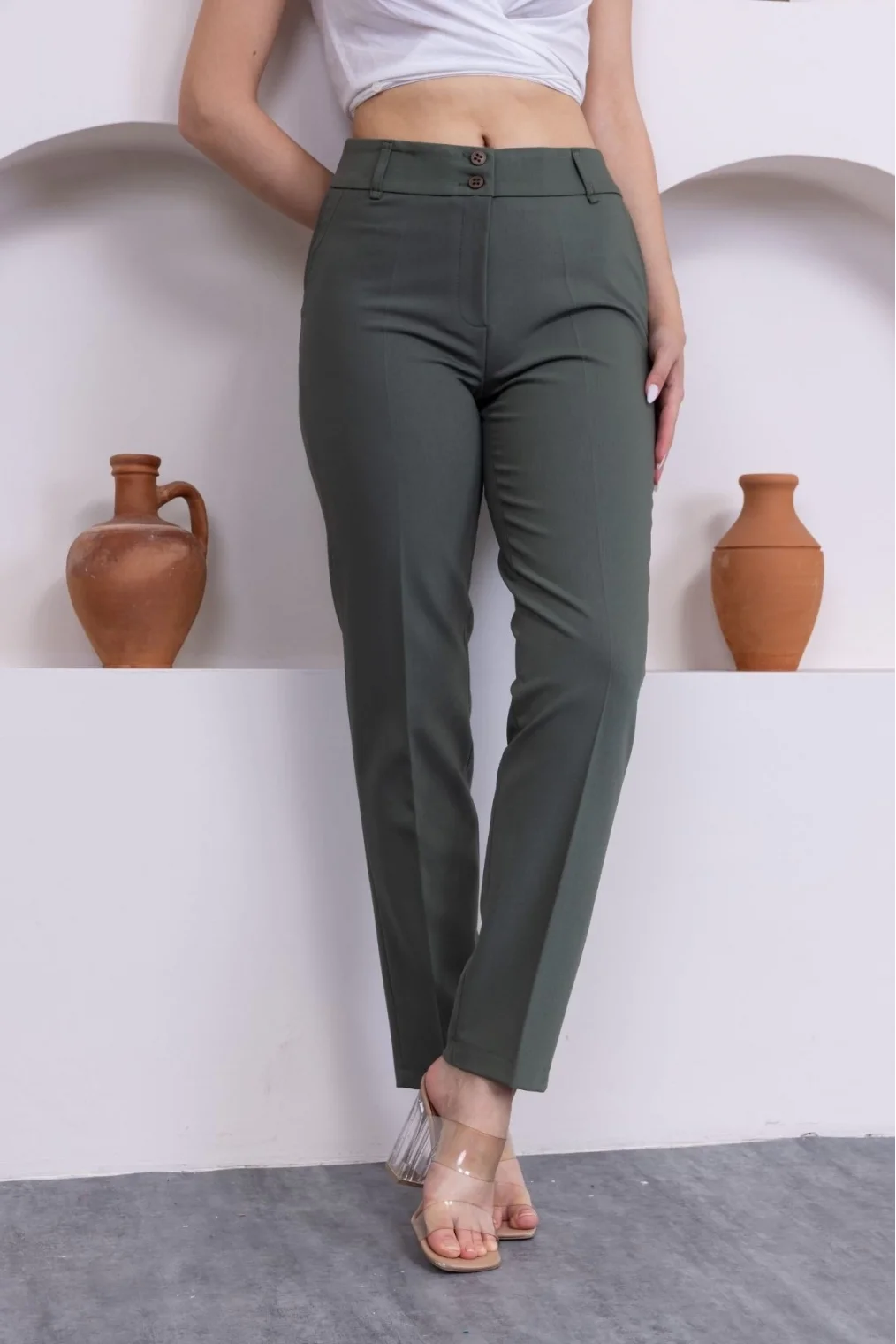 Cep Detaylı Bilek Boy Kadın Kumaş Pantolon 3144-Haki