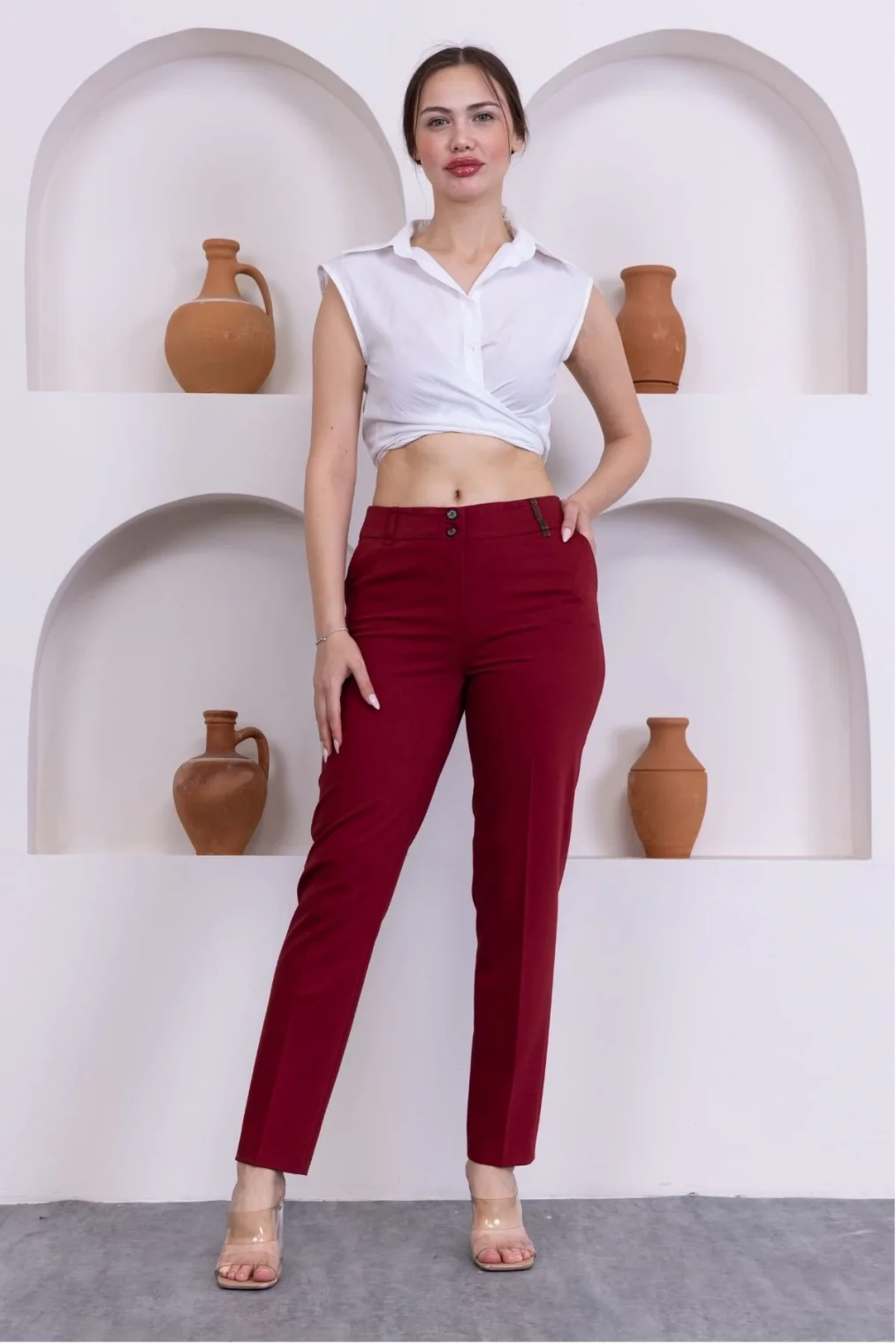 Deri Detaylı Cepli Bilek Boy Pantolon 3146-Bordo