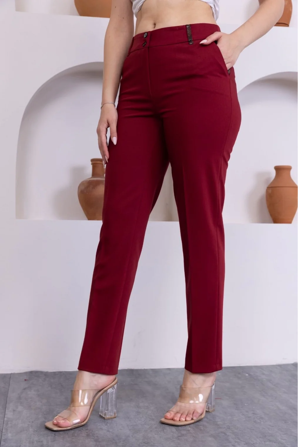 Deri Detaylı Cepli Bilek Boy Pantolon 3146-Bordo