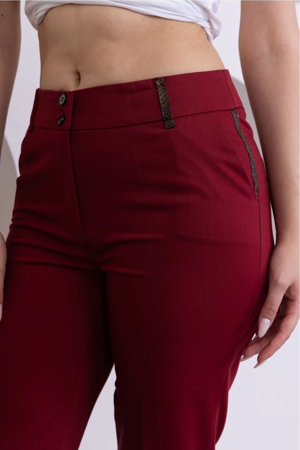 Deri Detaylı Cepli Bilek Boy Pantolon 3146-Bordo