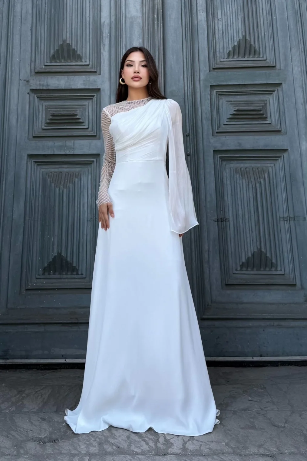 File Detaylı Abiye Elbise 2337-Beyaz