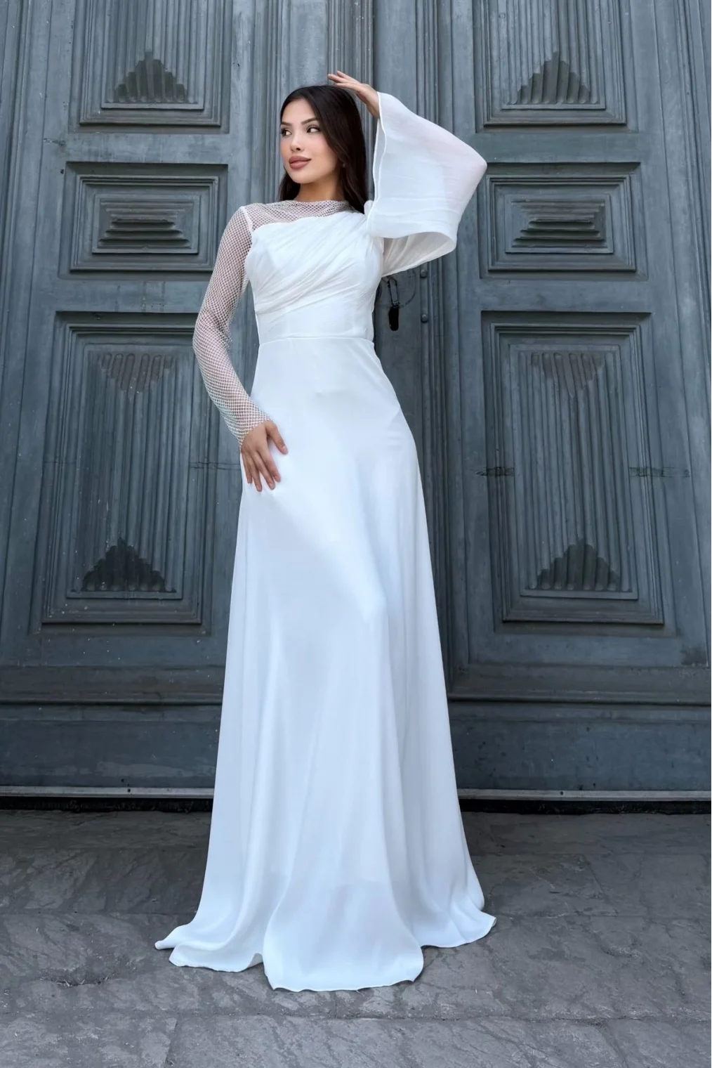 File Detaylı Abiye Elbise 2337-Beyaz