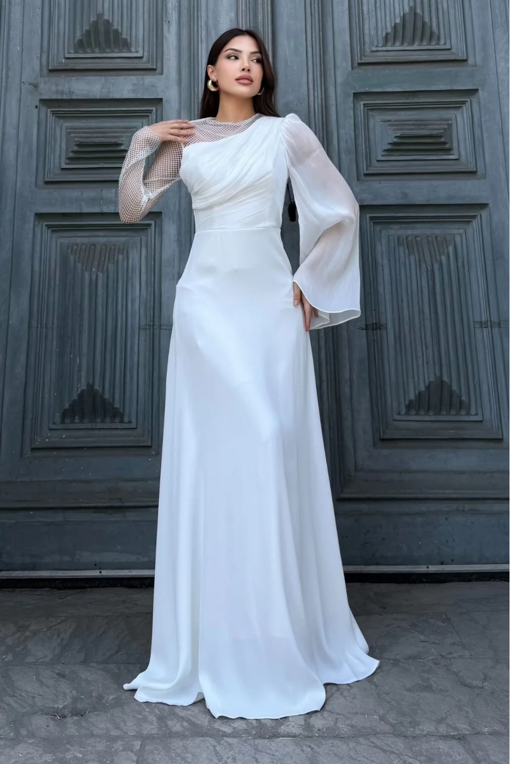 File Detaylı Abiye Elbise 2337-Beyaz