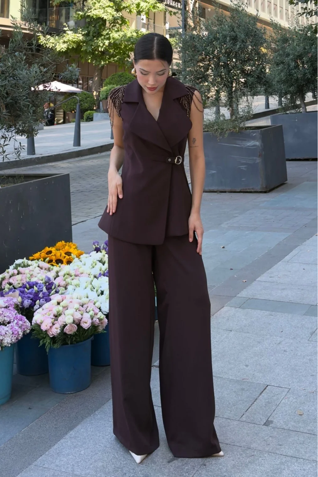 Omuz İşleme Detaylı Asimetrik Abiye Takım 2389-Kahverengi