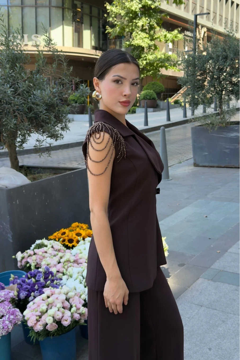 Omuz İşleme Detaylı Asimetrik Abiye Takım 2389-Kahverengi