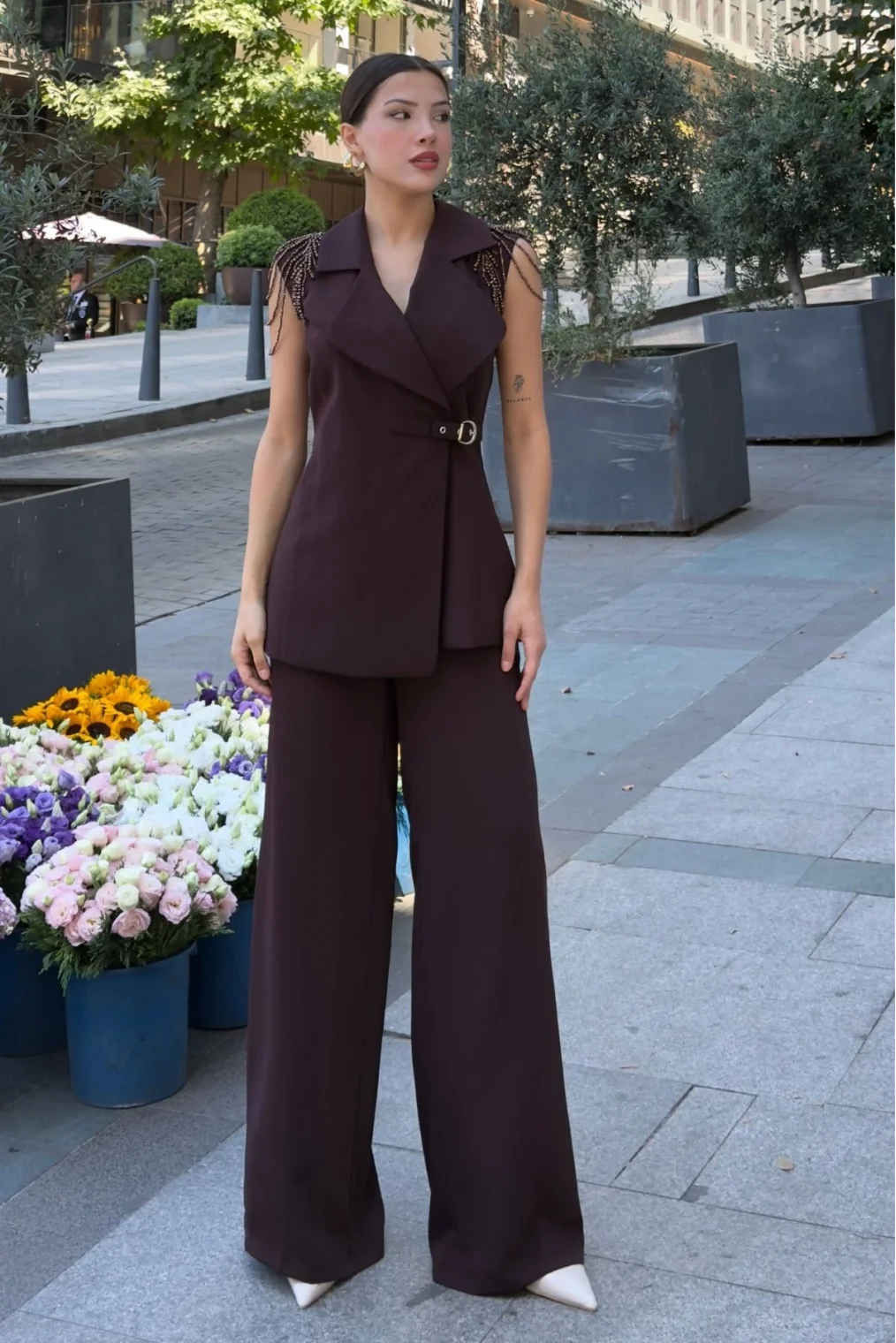 Omuz İşleme Detaylı Asimetrik Abiye Takım 2389-Kahverengi