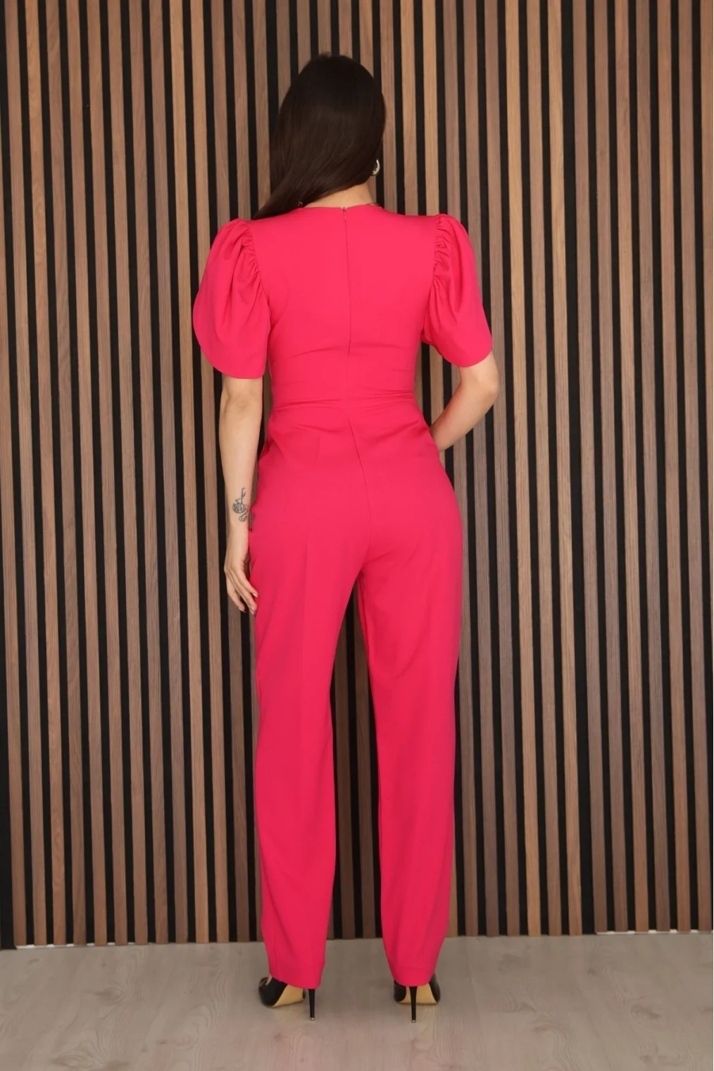 Pile ve Taş Detaylı V Yaka Tulum 2190-Fuşya