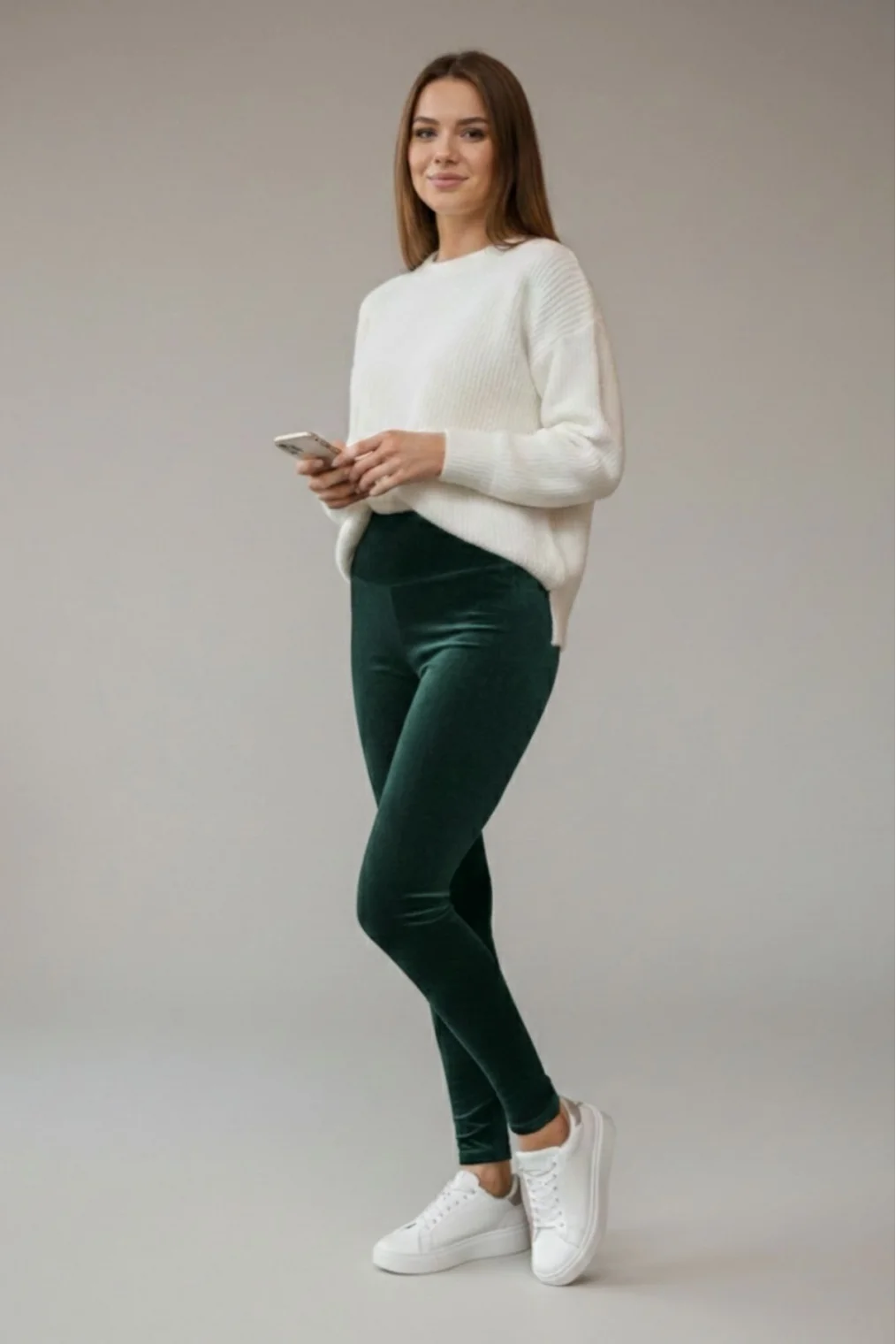 Yüksek Bel Fitilli Kadife Toparlayıcı Tayt R008-Yeşil