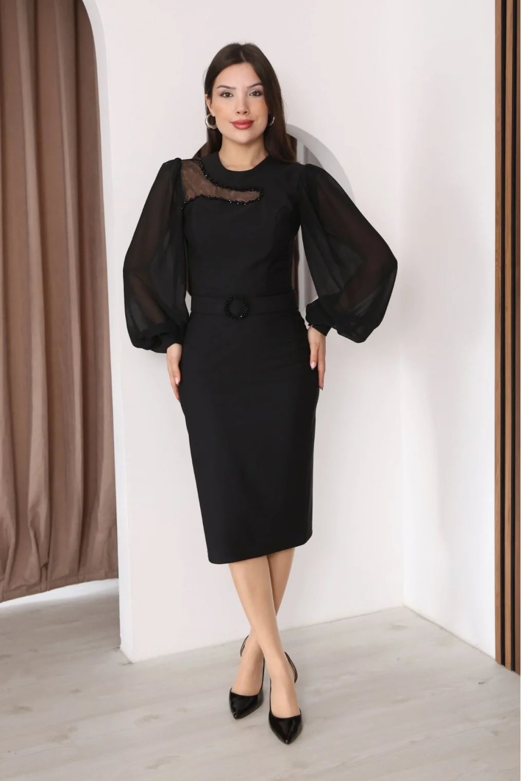 Tül ve İşleme Detaylı Midi Elbise 2285-Siyah