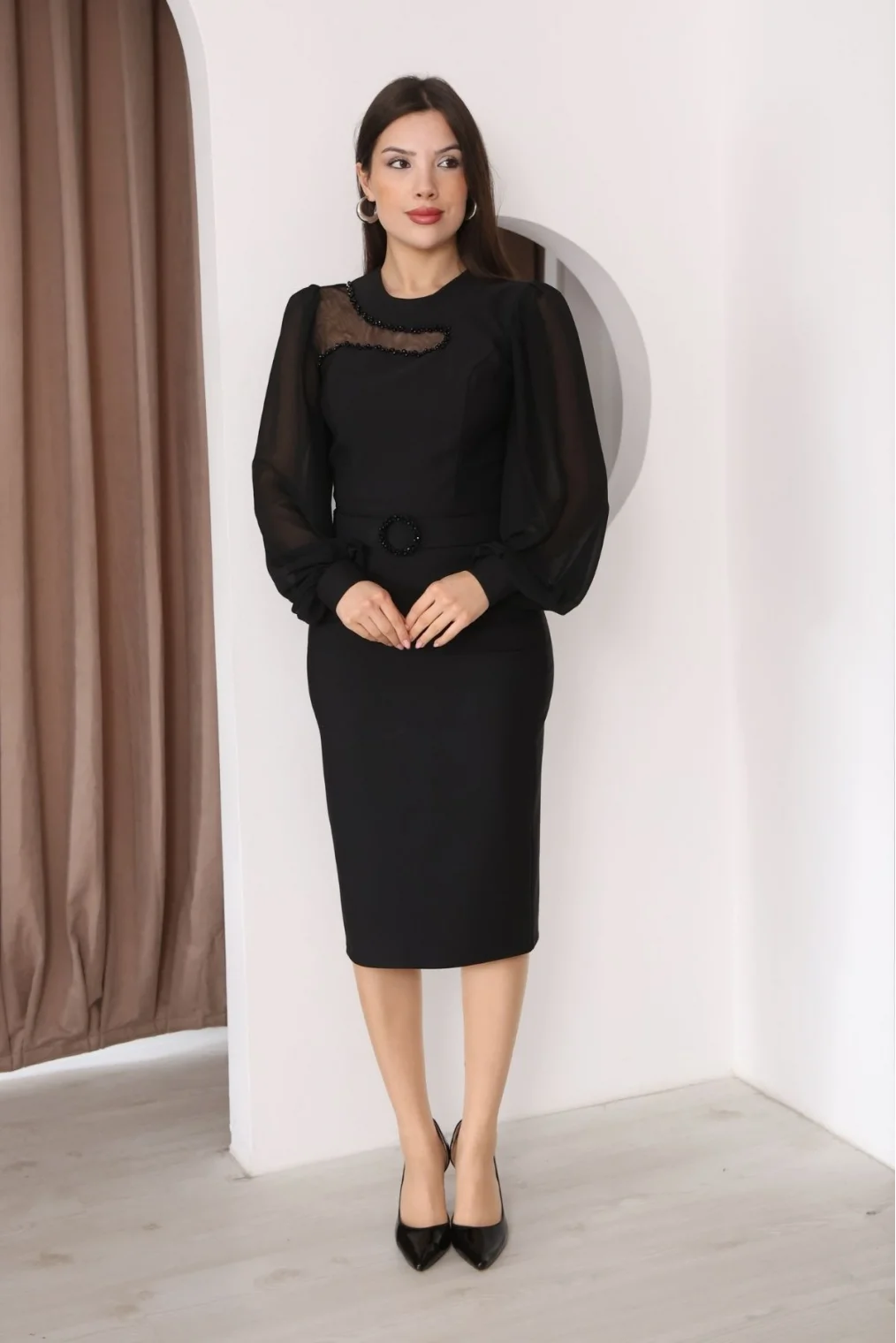 Tül ve İşleme Detaylı Midi Elbise 2285-Siyah