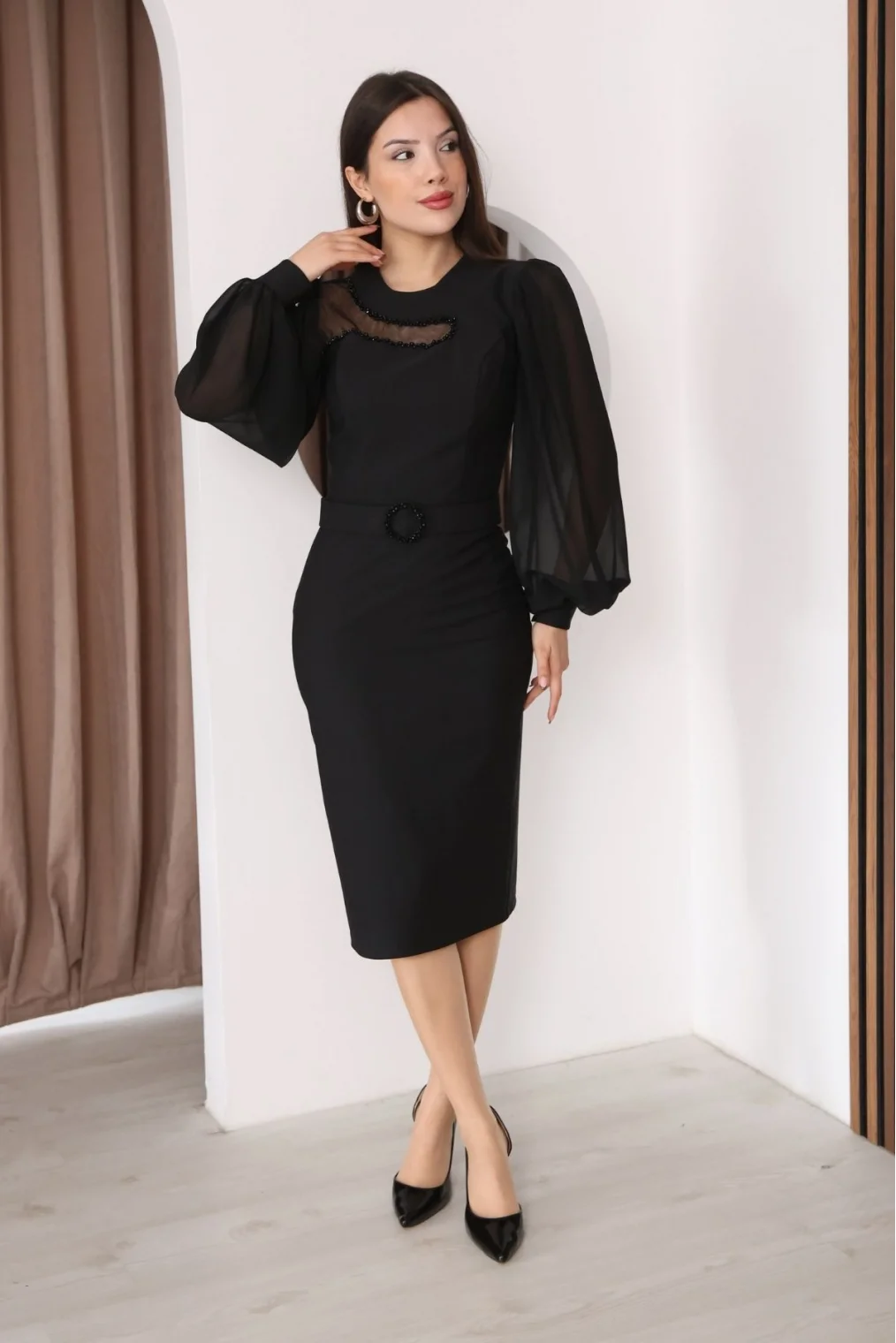 Tül ve İşleme Detaylı Midi Elbise 2285-Siyah