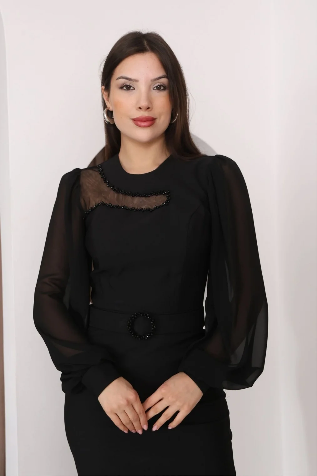 Tül ve İşleme Detaylı Midi Elbise 2285-Siyah