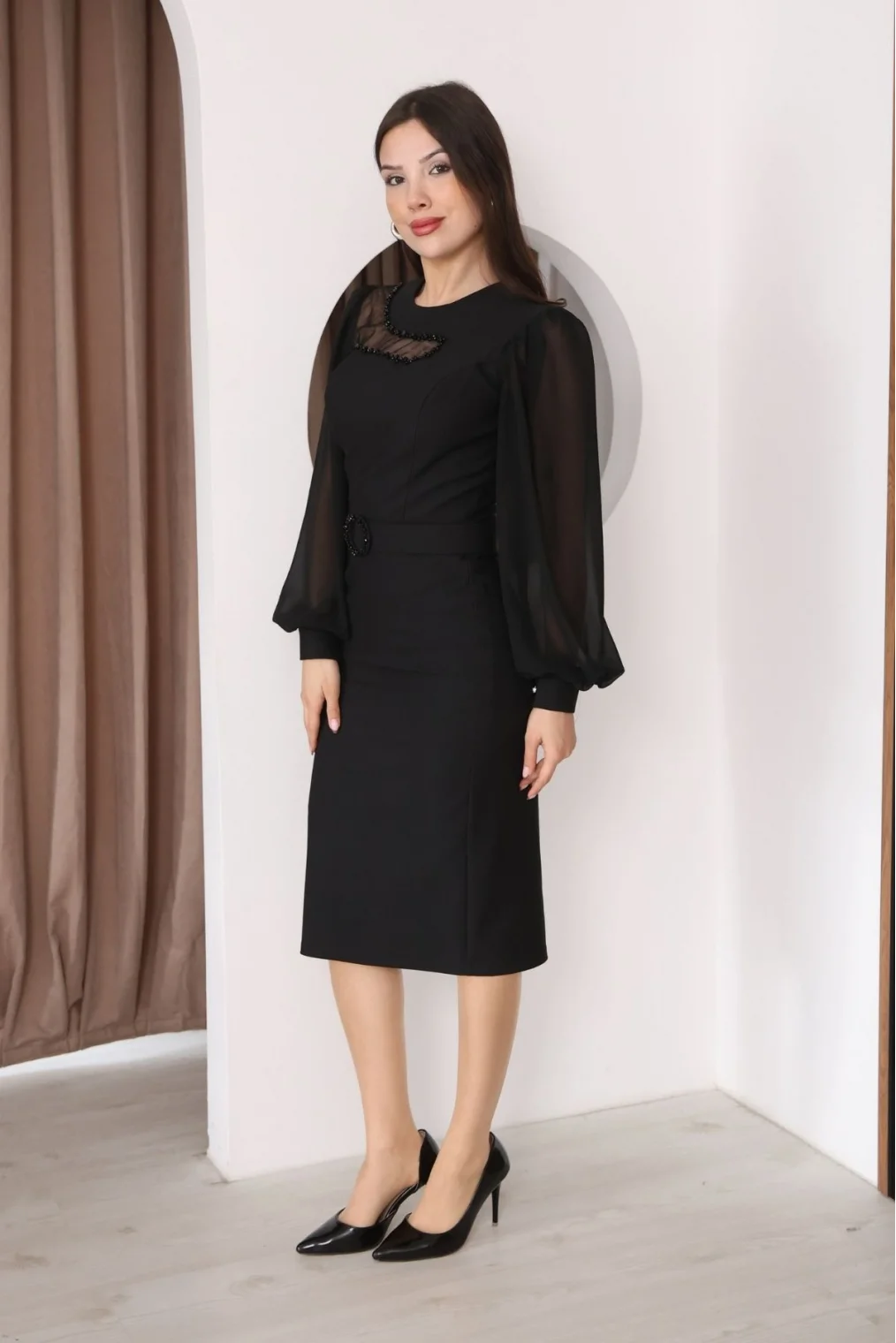 Tül ve İşleme Detaylı Midi Elbise 2285-Siyah