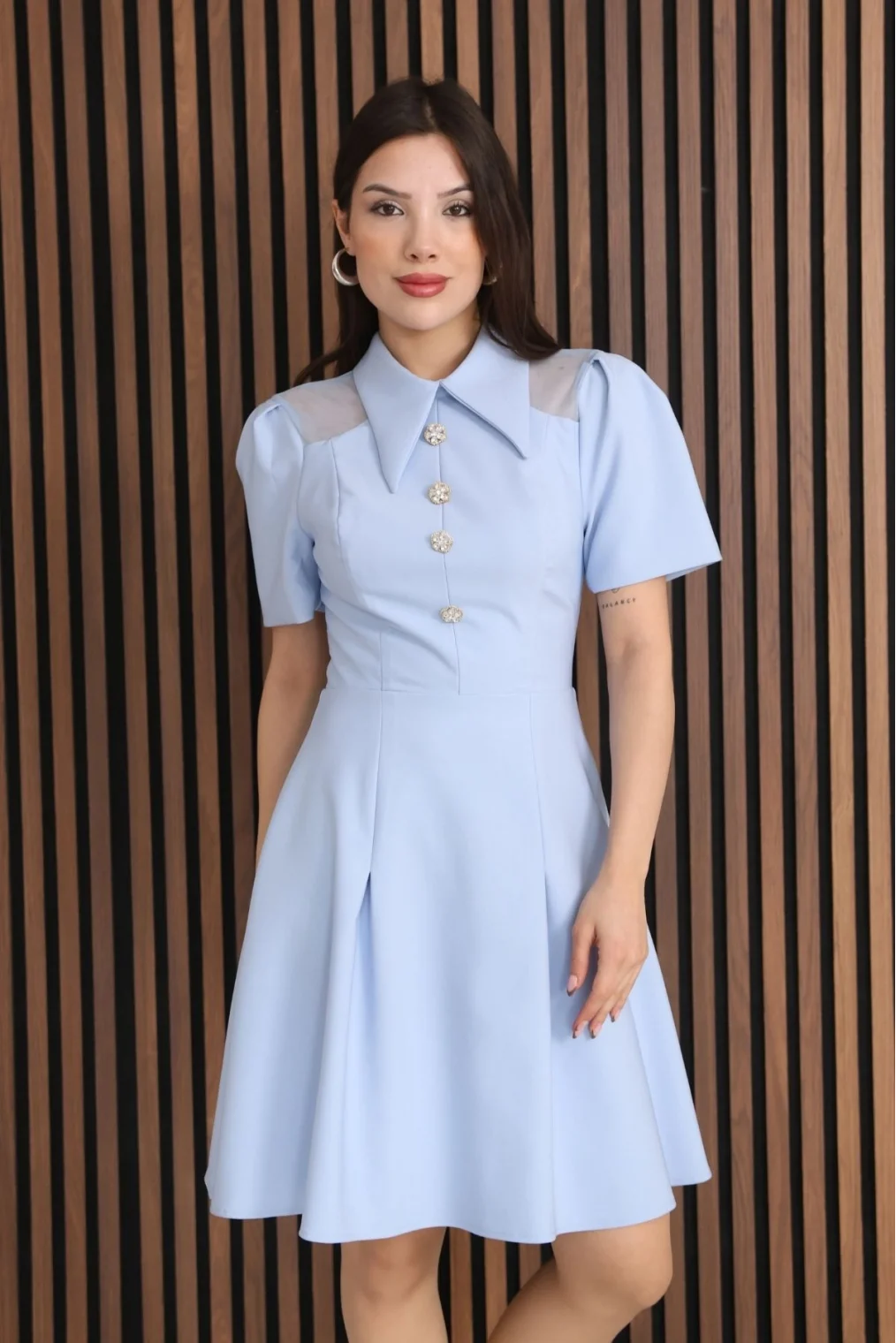 Omuz Tül Detaylı Gömlek Yaka Midi Elbise 2327-Bebe Mavisi