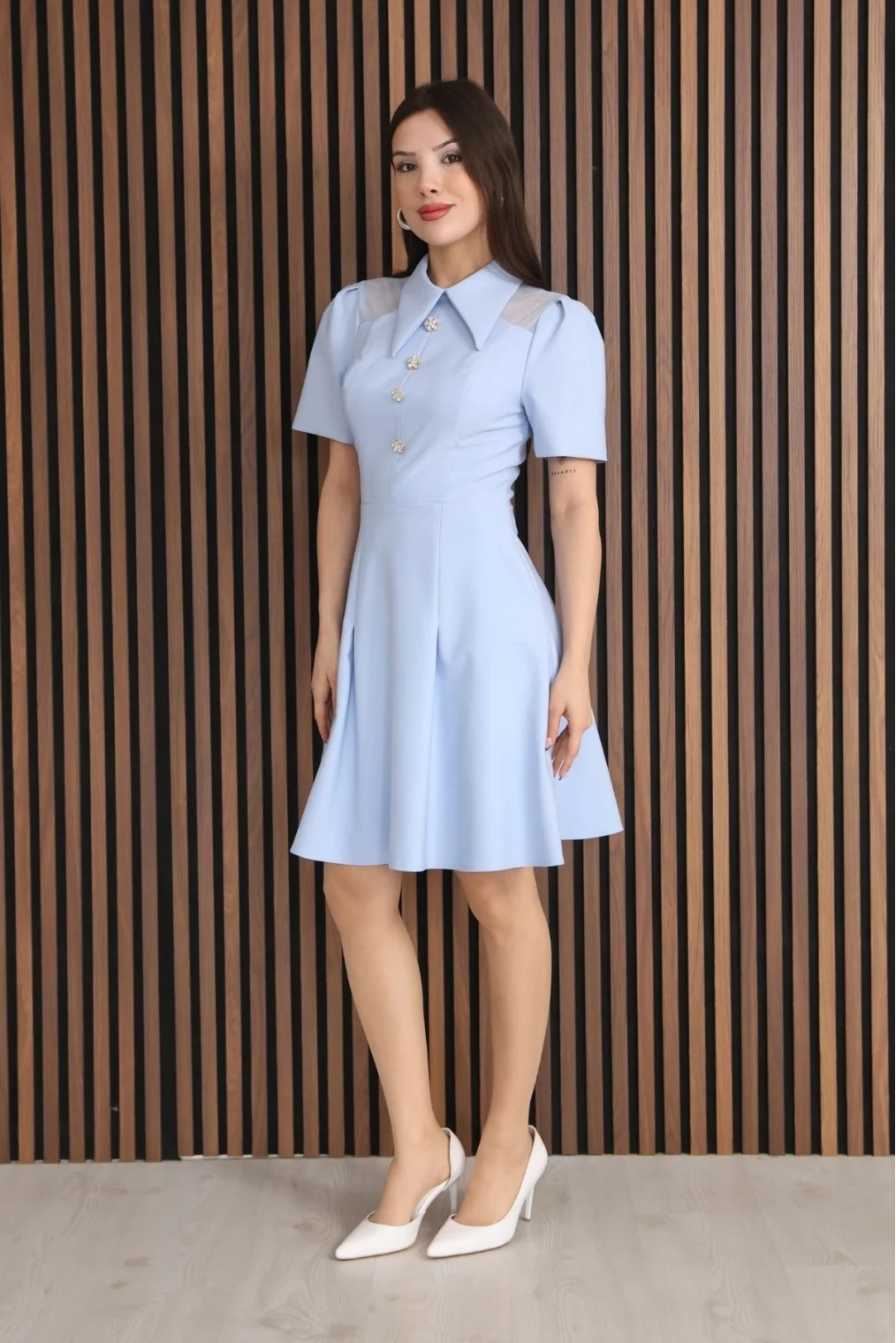 Omuz Tül Detaylı Gömlek Yaka Midi Elbise 2327-Bebe Mavisi