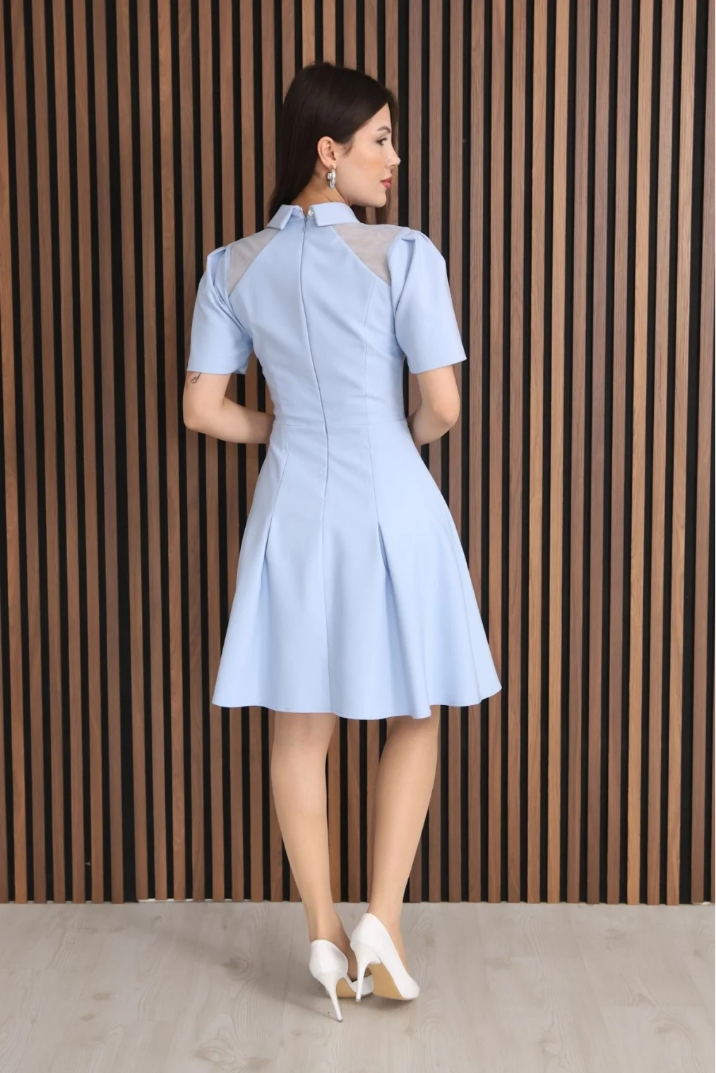 Omuz Tül Detaylı Gömlek Yaka Midi Elbise 2327-Bebe Mavisi