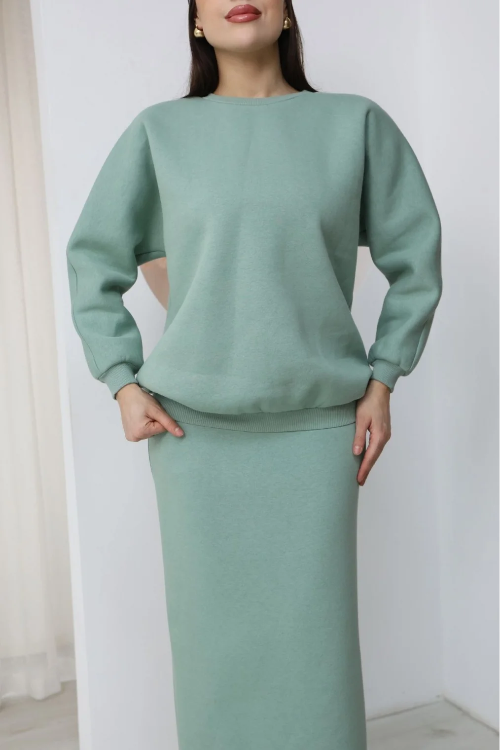 Basic Comfort Şardonlu Etekli Takım 6073-Çağla Yeşili
