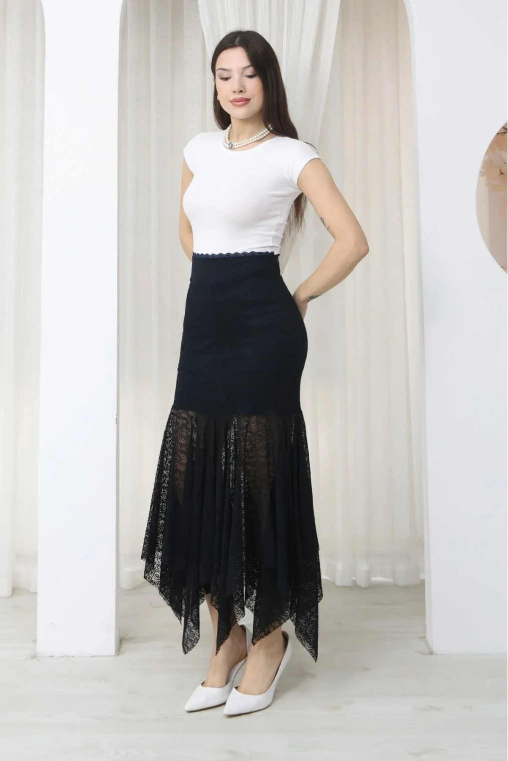 Asimetrik Kesim Dantel Etek 6077-Lacivert