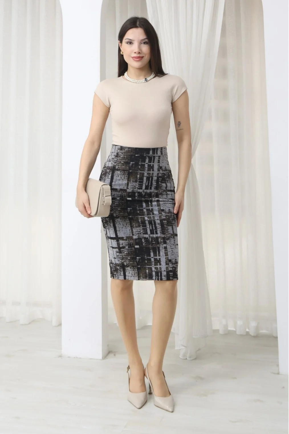 Flok Baskılı Desenli Midi Kalem Etek 6074-Çok Renkli