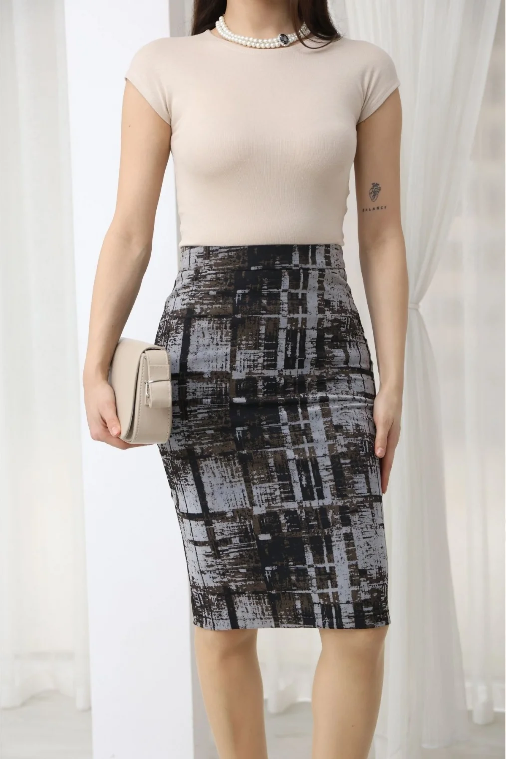 Flok Baskılı Desenli Midi Kalem Etek 6074-Çok Renkli