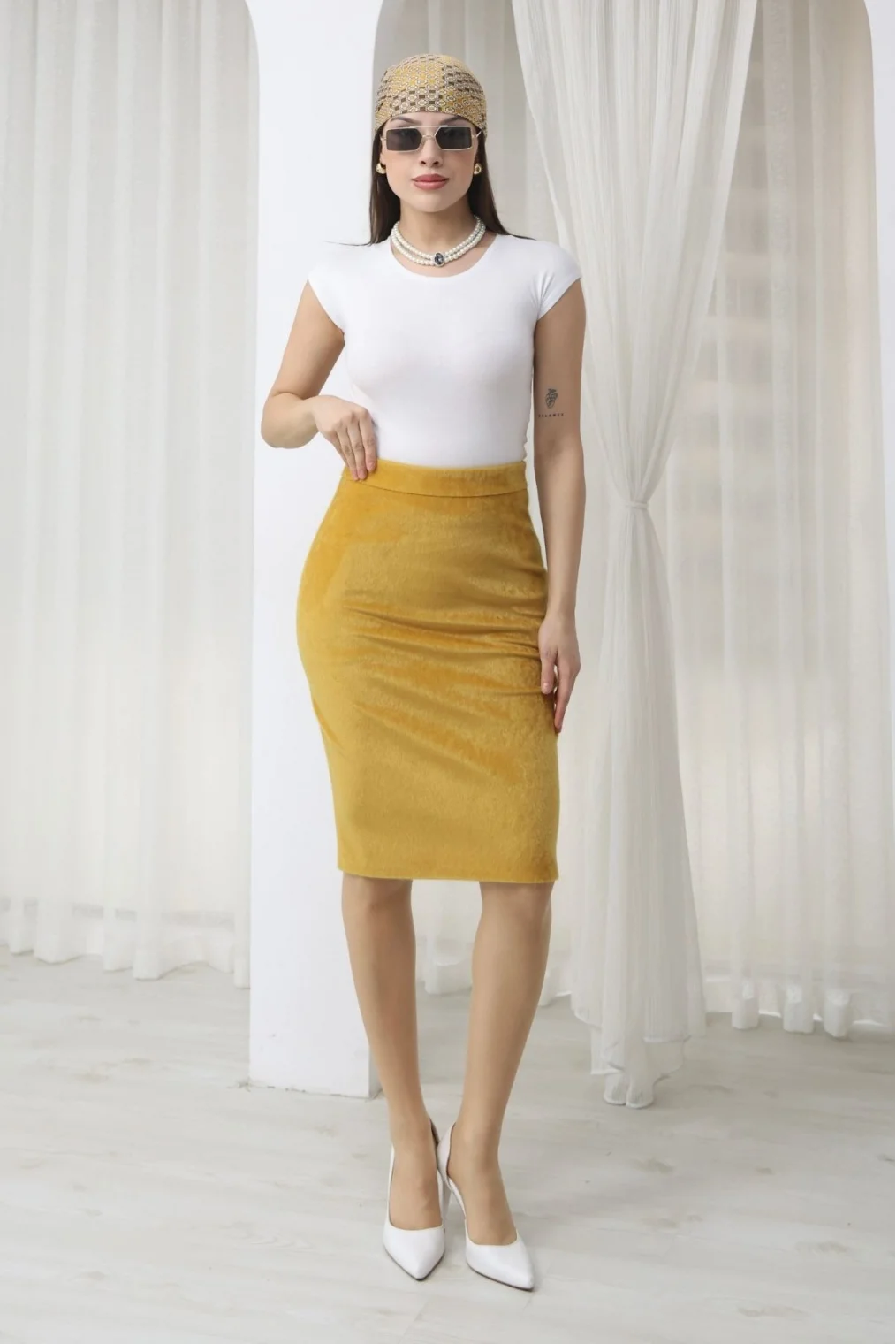 Premium Fok Kumaş Midi Kalem Etek 6078-Sarı