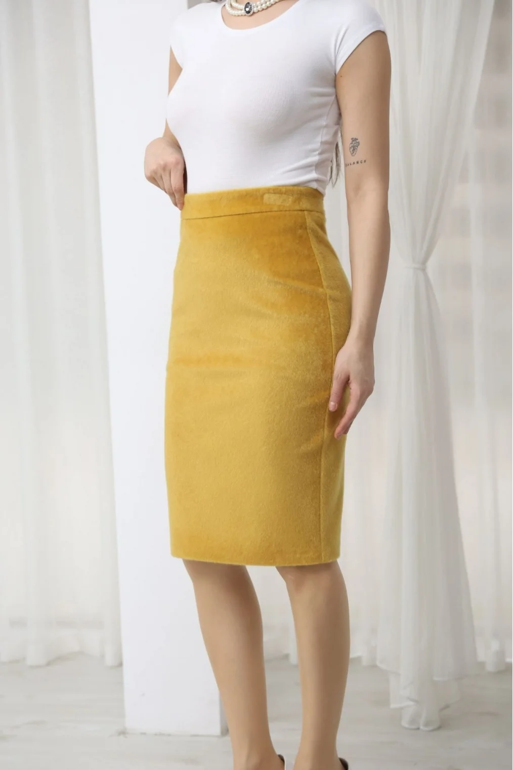 Premium Fok Kumaş Midi Kalem Etek 6078-Sarı