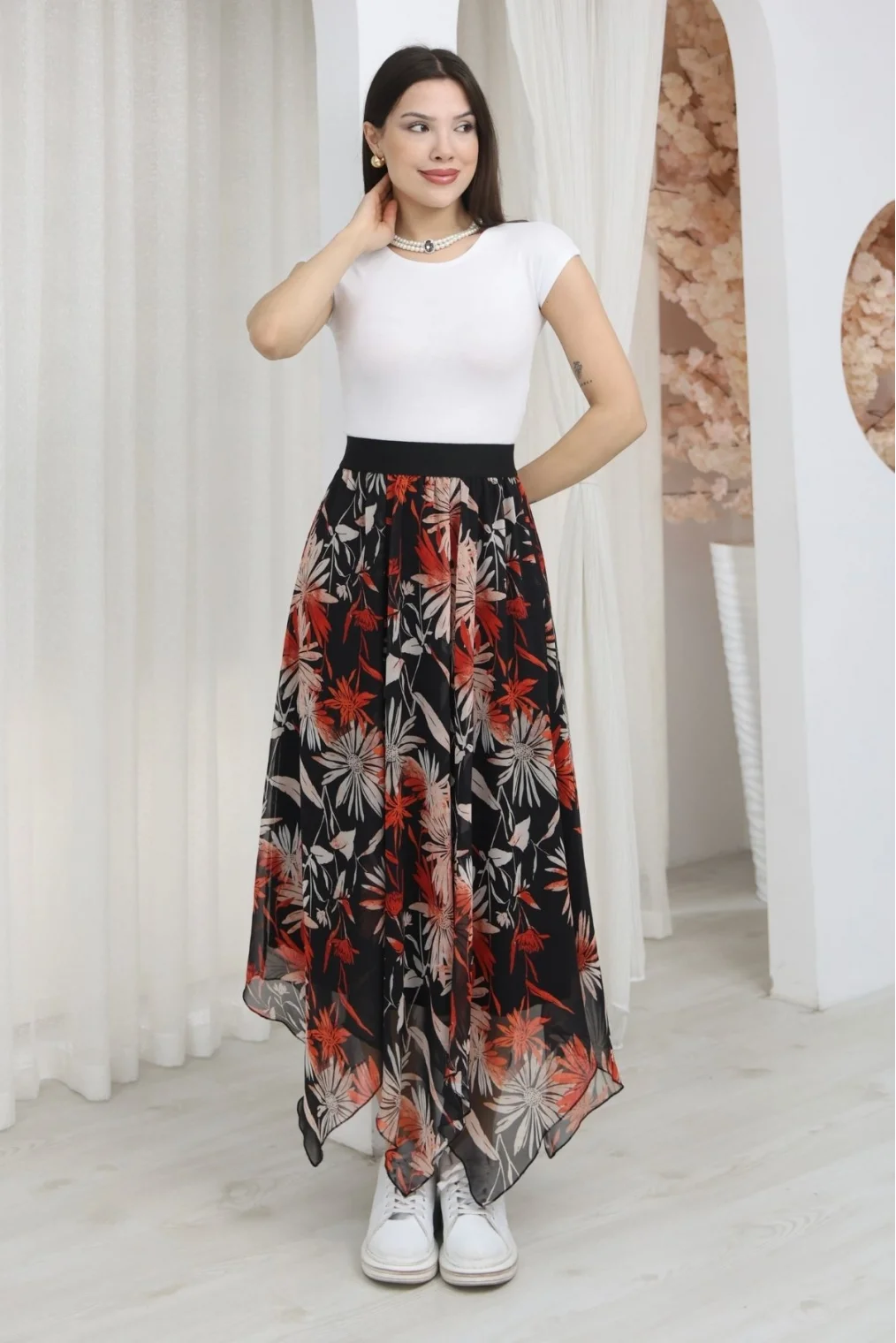 Beli Lastikli Asimetrik Şifon Etek 6071-Siyah / Kiremit