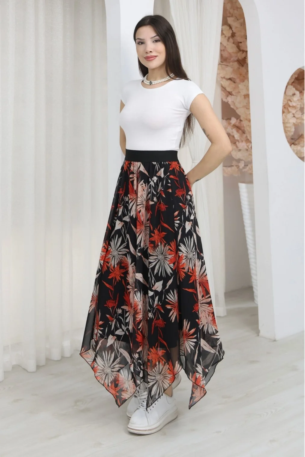 Beli Lastikli Asimetrik Şifon Etek 6071-Siyah / Kiremit