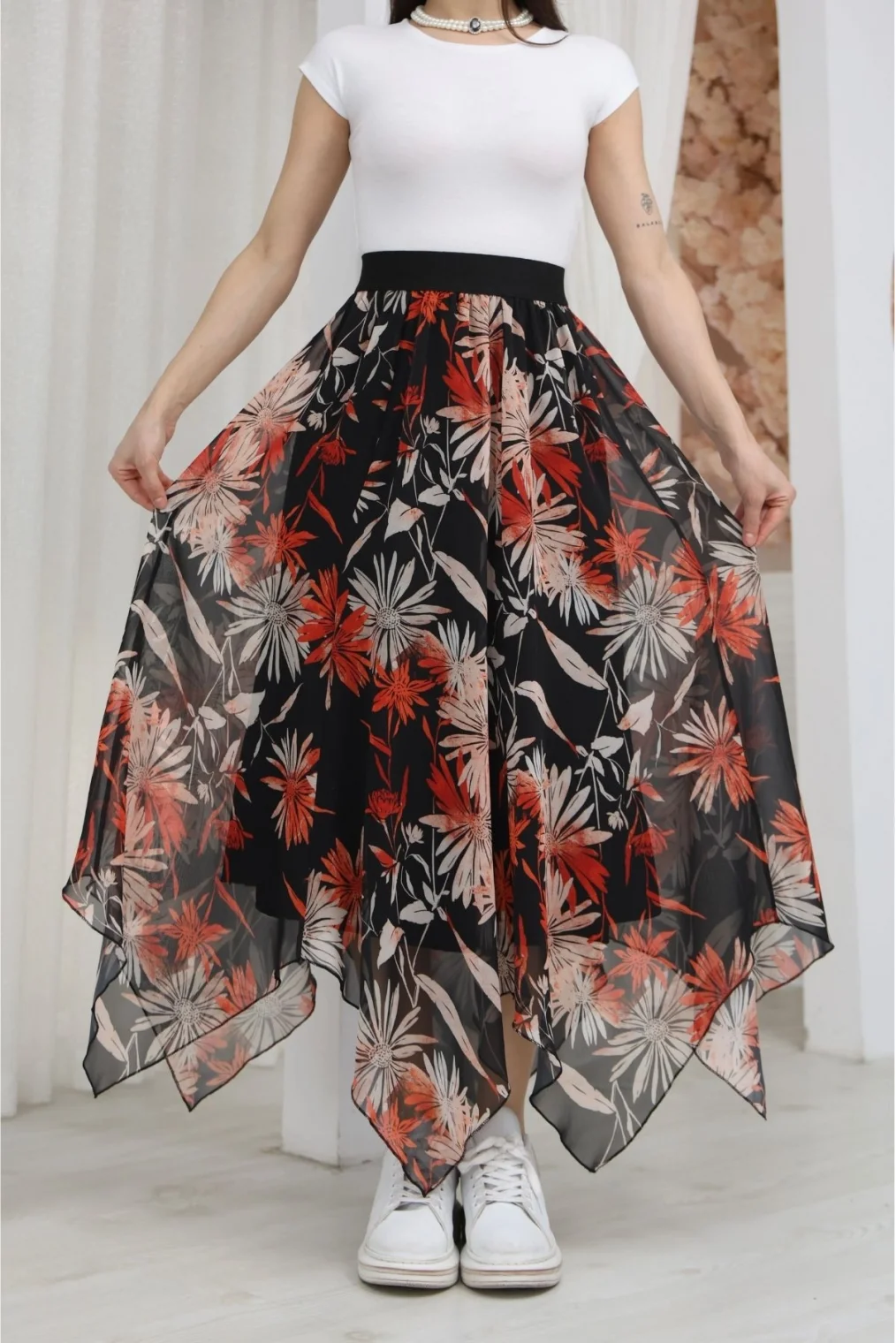 Beli Lastikli Asimetrik Şifon Etek 6071-Siyah / Kiremit