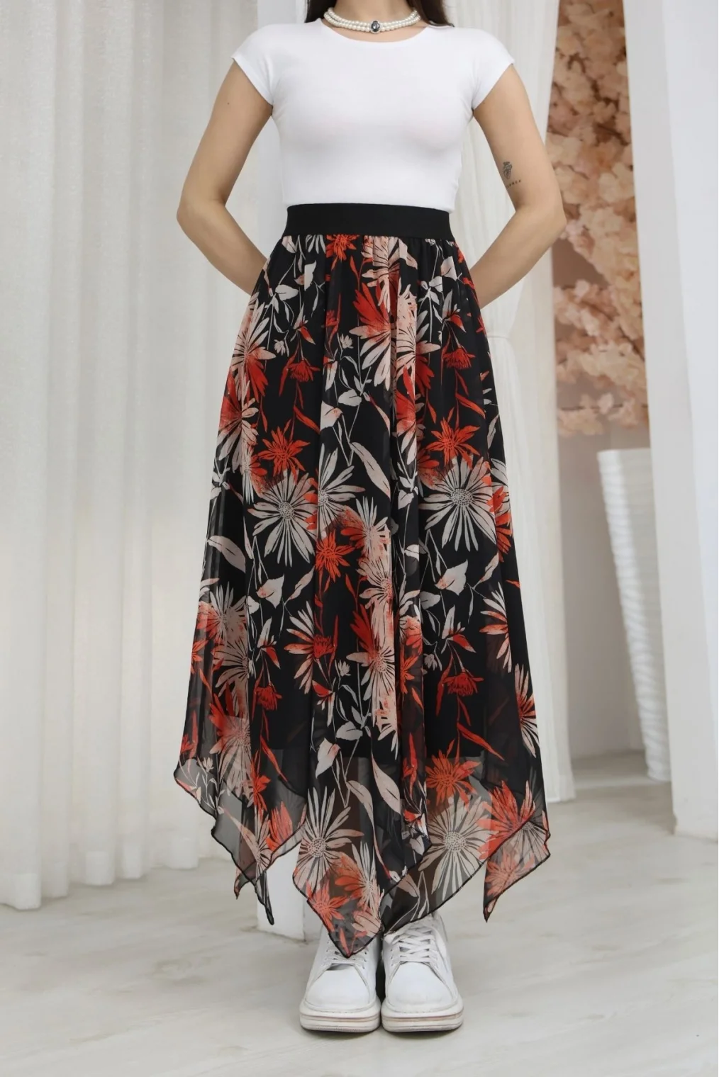 Beli Lastikli Asimetrik Şifon Etek 6071-Siyah / Kiremit