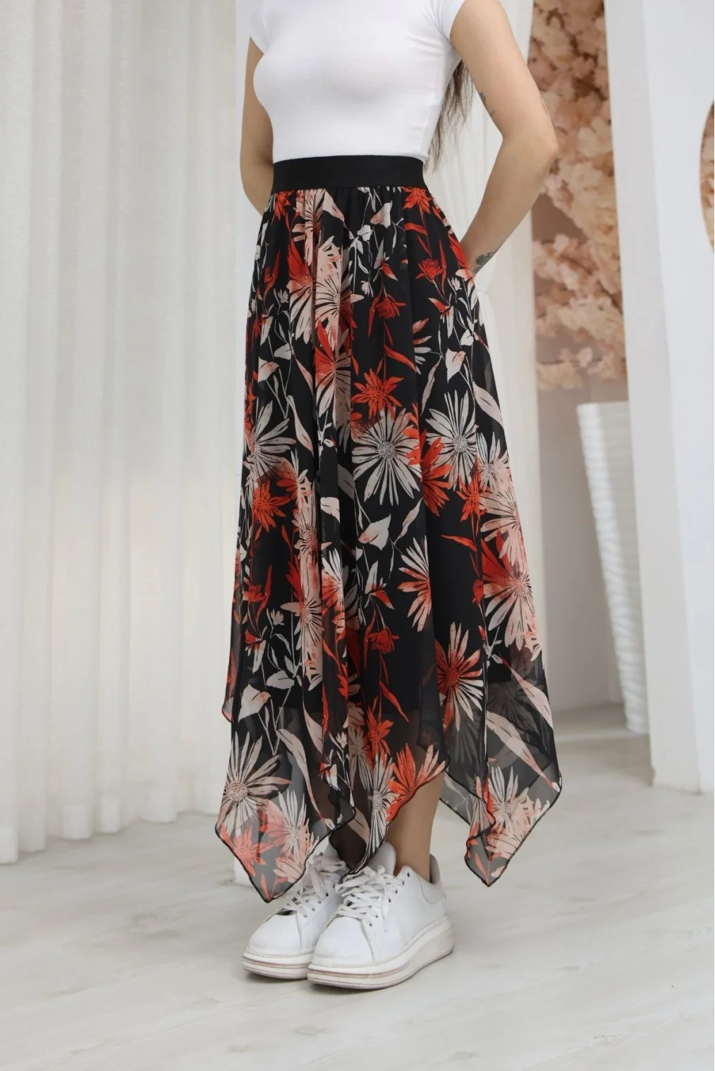 Beli Lastikli Asimetrik Şifon Etek 6071-Siyah / Kiremit