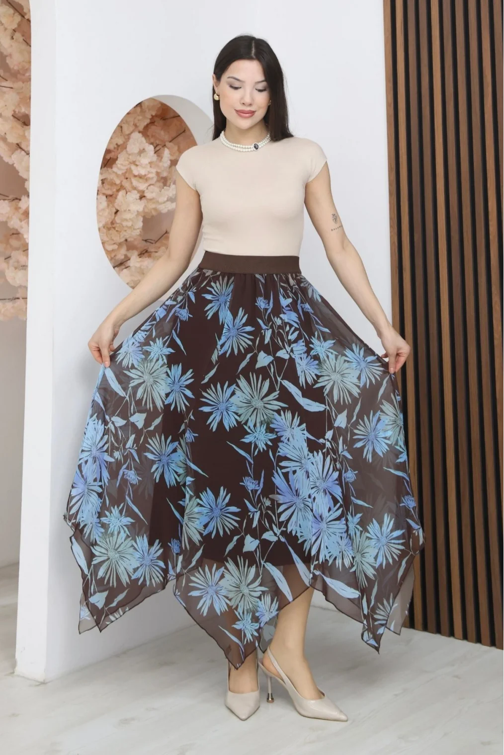 Beli Lastikli Asimetrik Şifon Etek 6071-Kahverengi/ Mavi