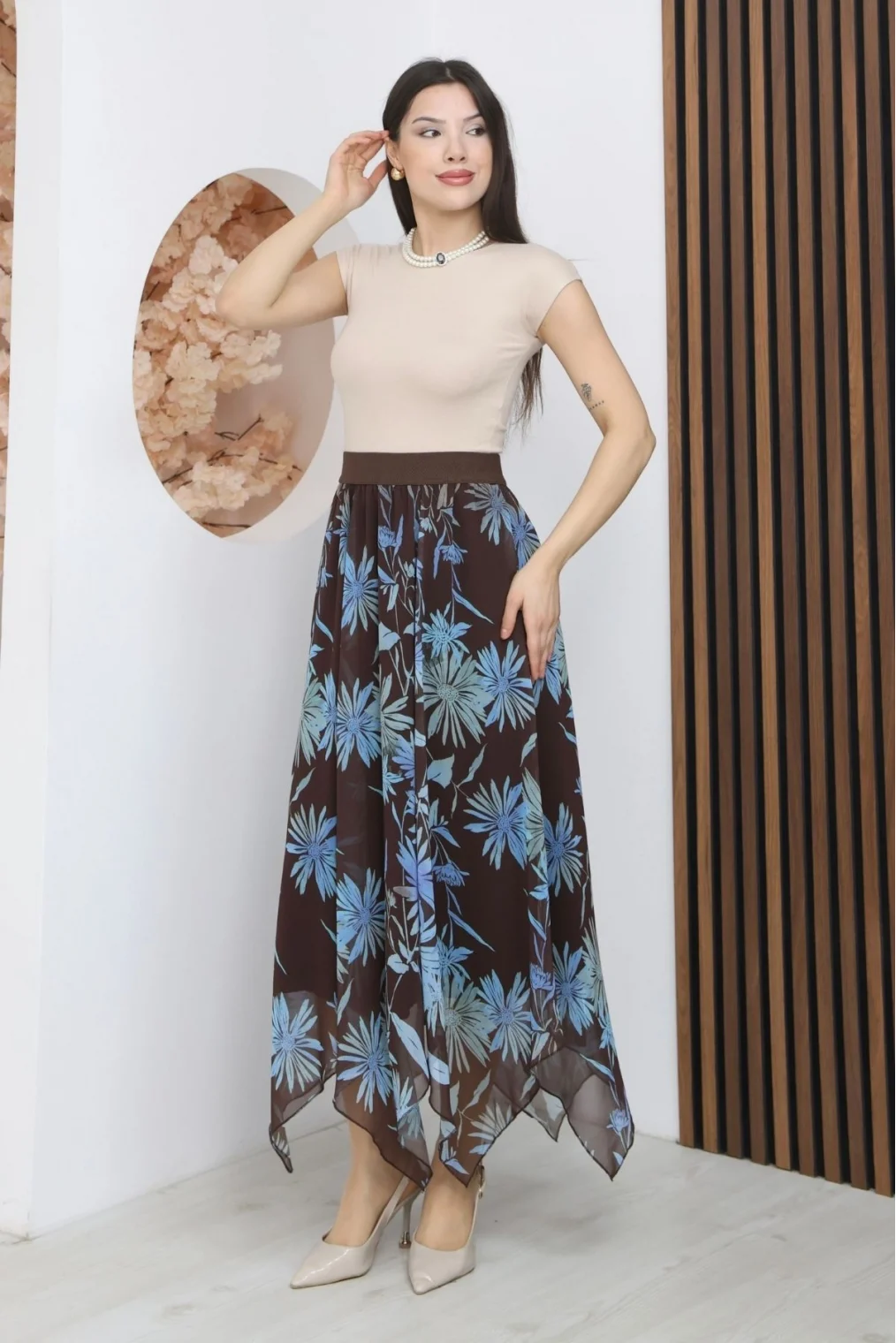 Beli Lastikli Asimetrik Şifon Etek 6071-Kahverengi/ Mavi