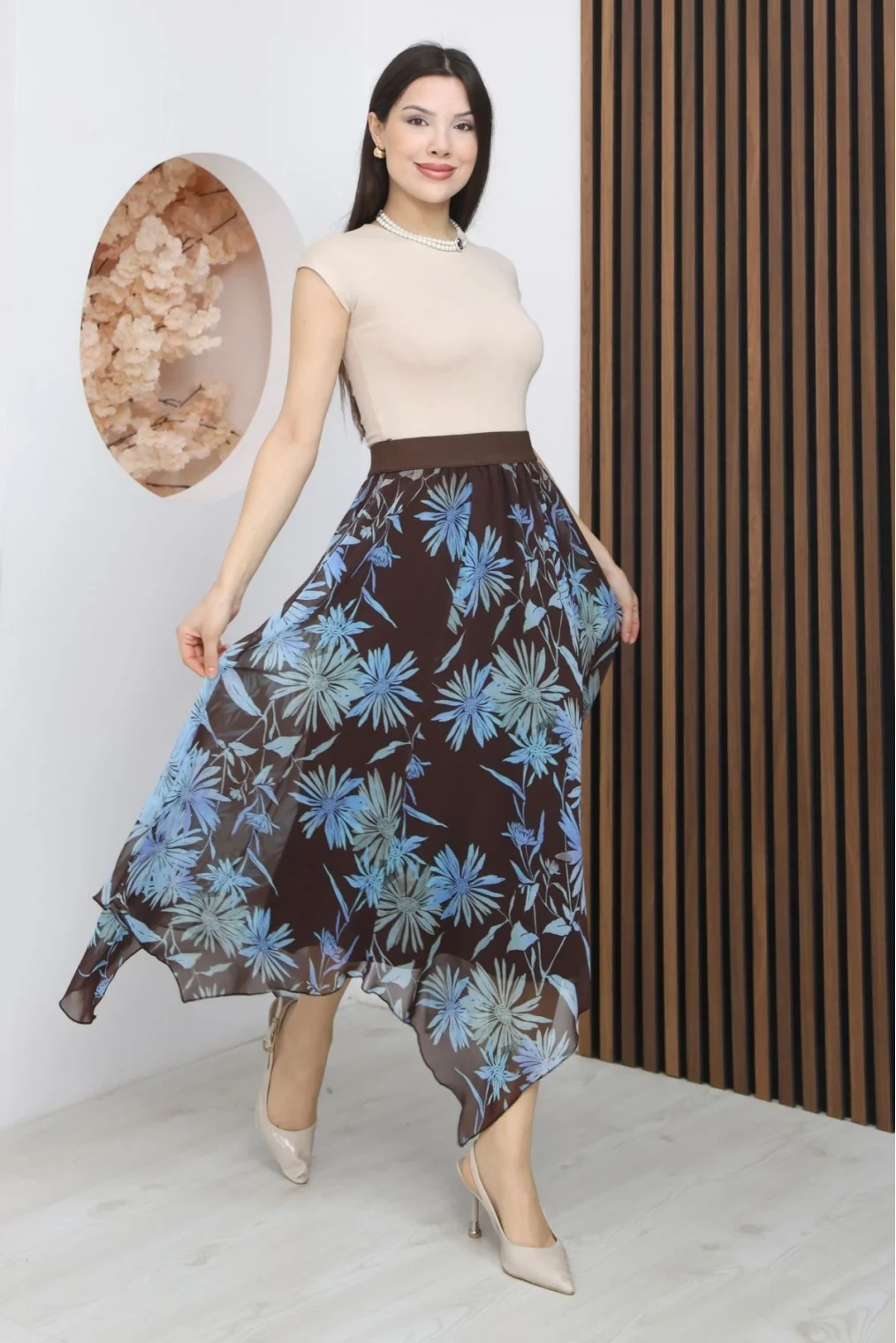 Beli Lastikli Asimetrik Şifon Etek 6071-Kahverengi/ Mavi