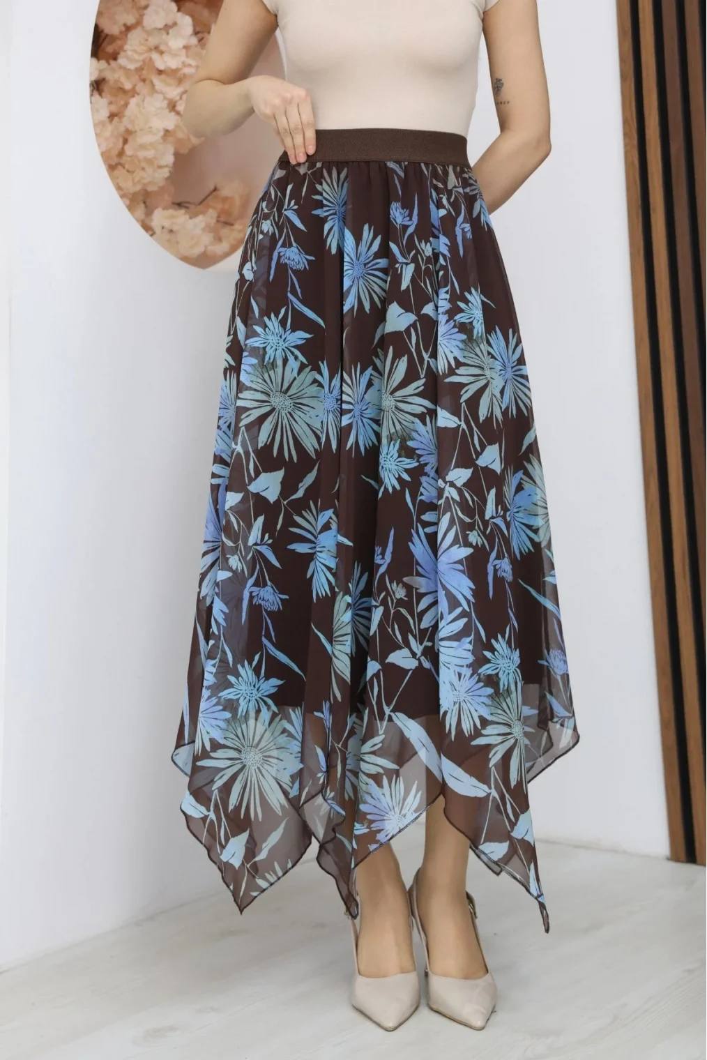 Beli Lastikli Asimetrik Şifon Etek 6071-Kahverengi/ Mavi