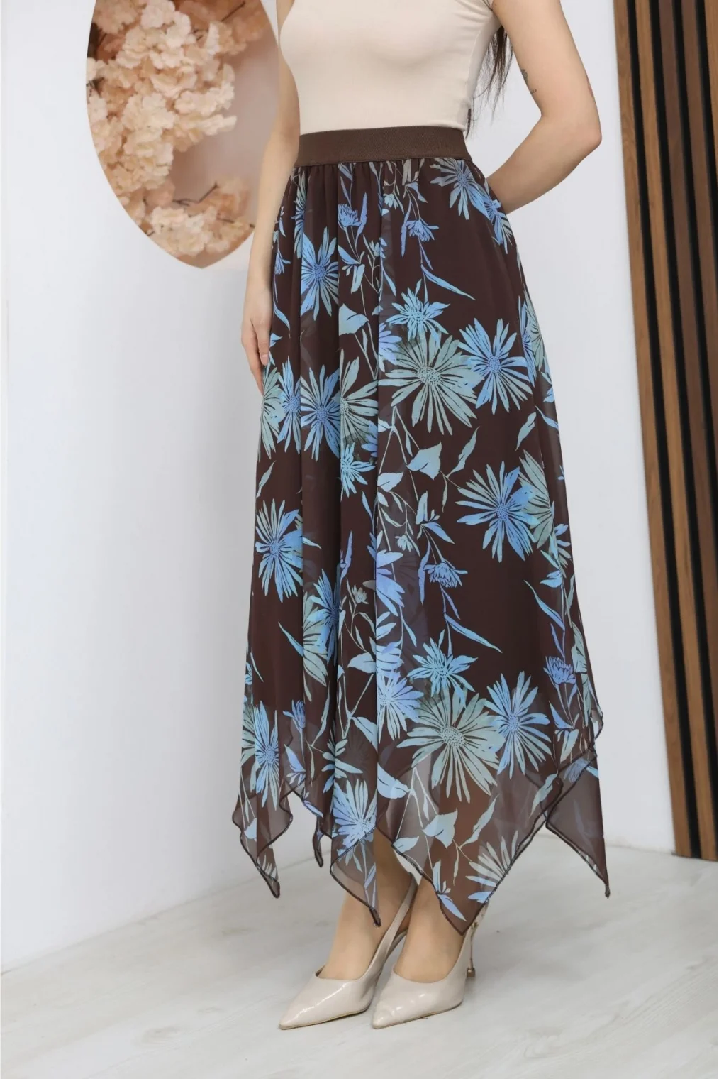 Beli Lastikli Asimetrik Şifon Etek 6071-Kahverengi/ Mavi