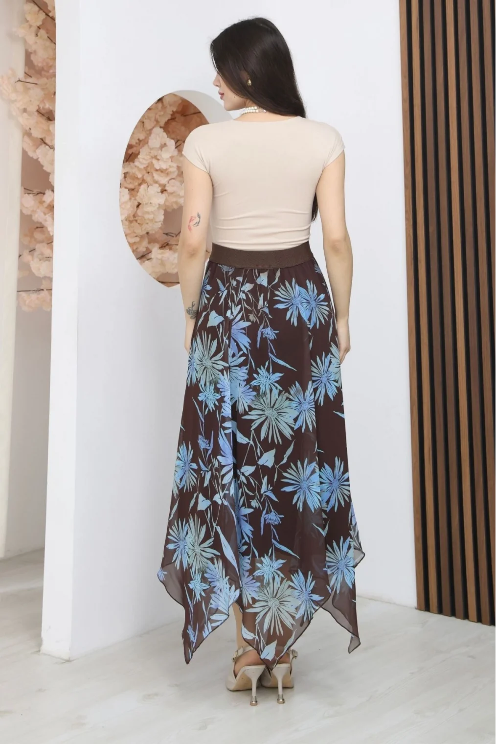 Beli Lastikli Asimetrik Şifon Etek 6071-Kahverengi/ Mavi