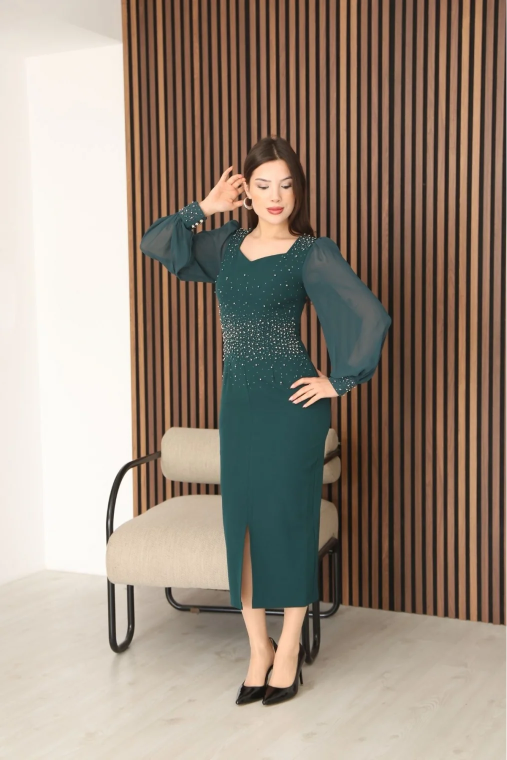 İnci ve Taş Süslemeli Balon Kol Kalem Midi Elbise 2096-Yeşil