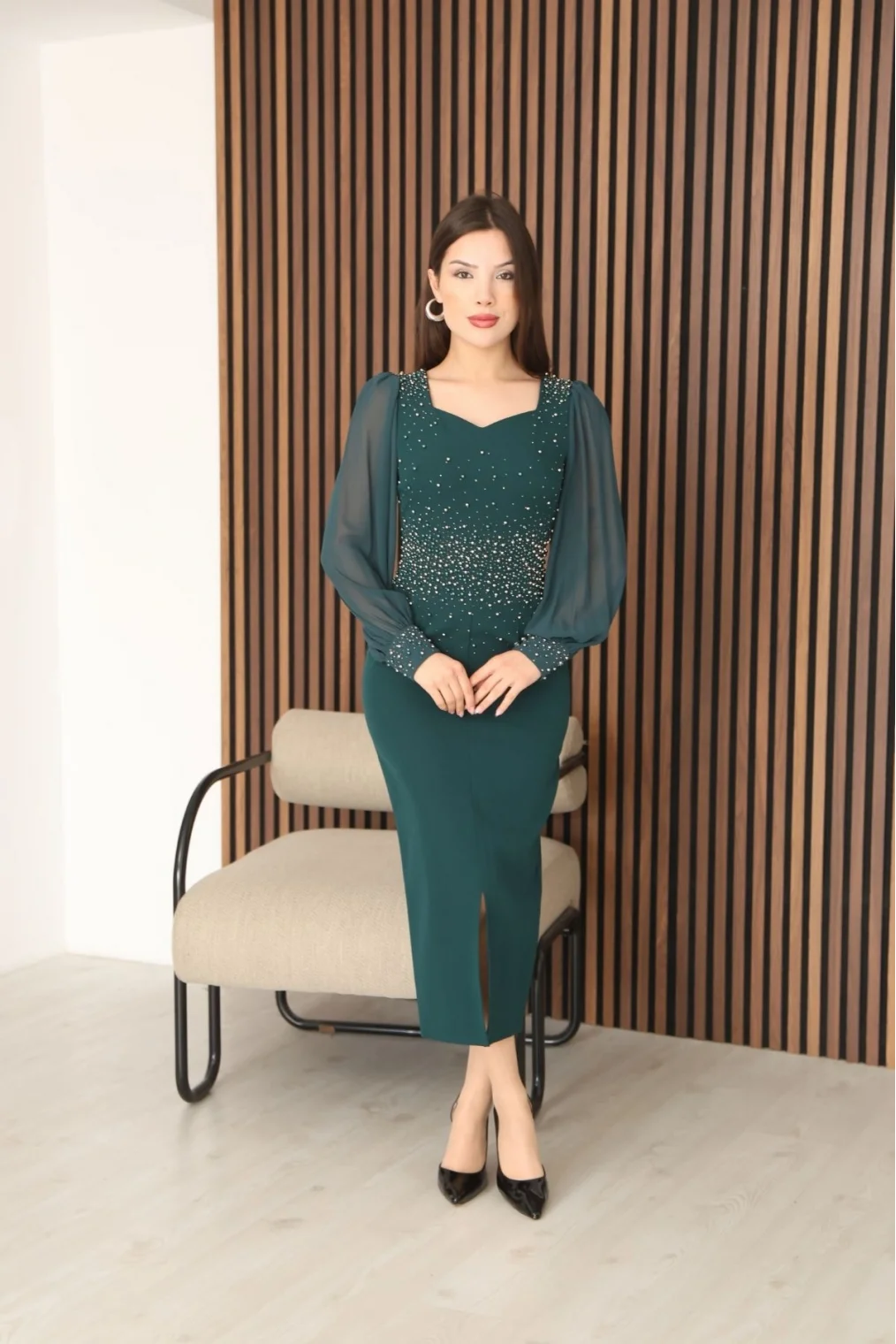 İnci ve Taş Süslemeli Balon Kol Kalem Midi Elbise 2096-Yeşil