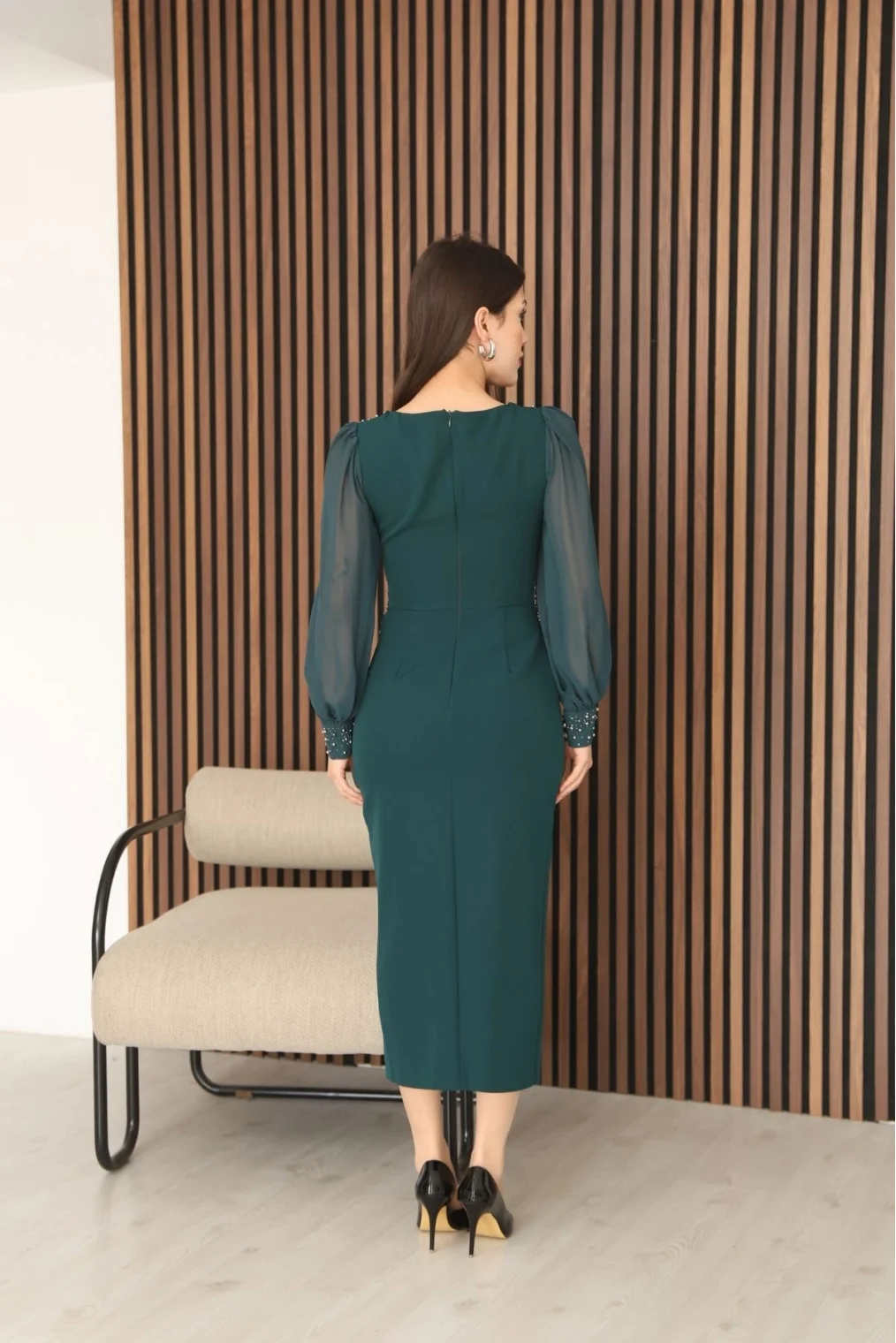 İnci ve Taş Süslemeli Balon Kol Kalem Midi Elbise 2096-Yeşil