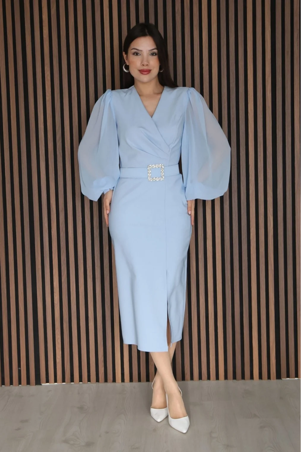 Kruvaze Yaka Balon Kollu Yırtmaçlı Abiye Elbise 2315-Bebe Mavisi