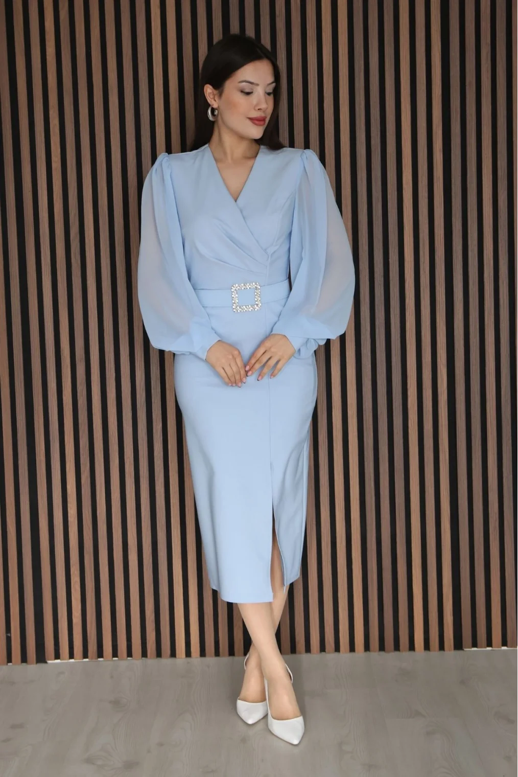 Kruvaze Yaka Balon Kollu Yırtmaçlı Abiye Elbise 2315-Bebe Mavisi