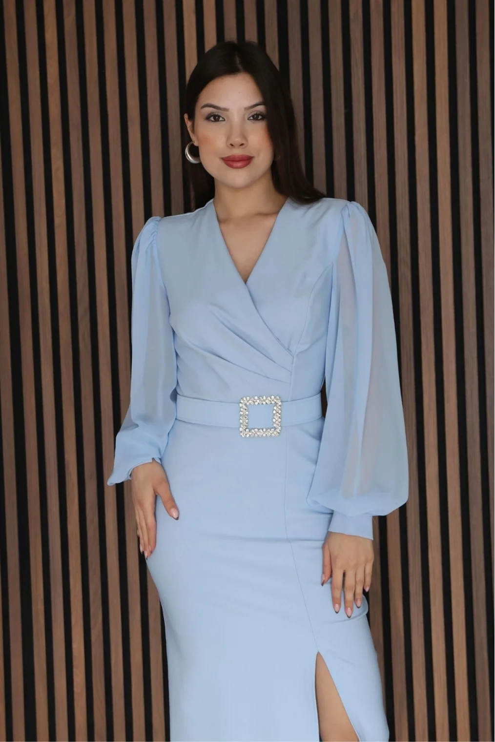 Kruvaze Yaka Balon Kollu Yırtmaçlı Abiye Elbise 2315-Bebe Mavisi