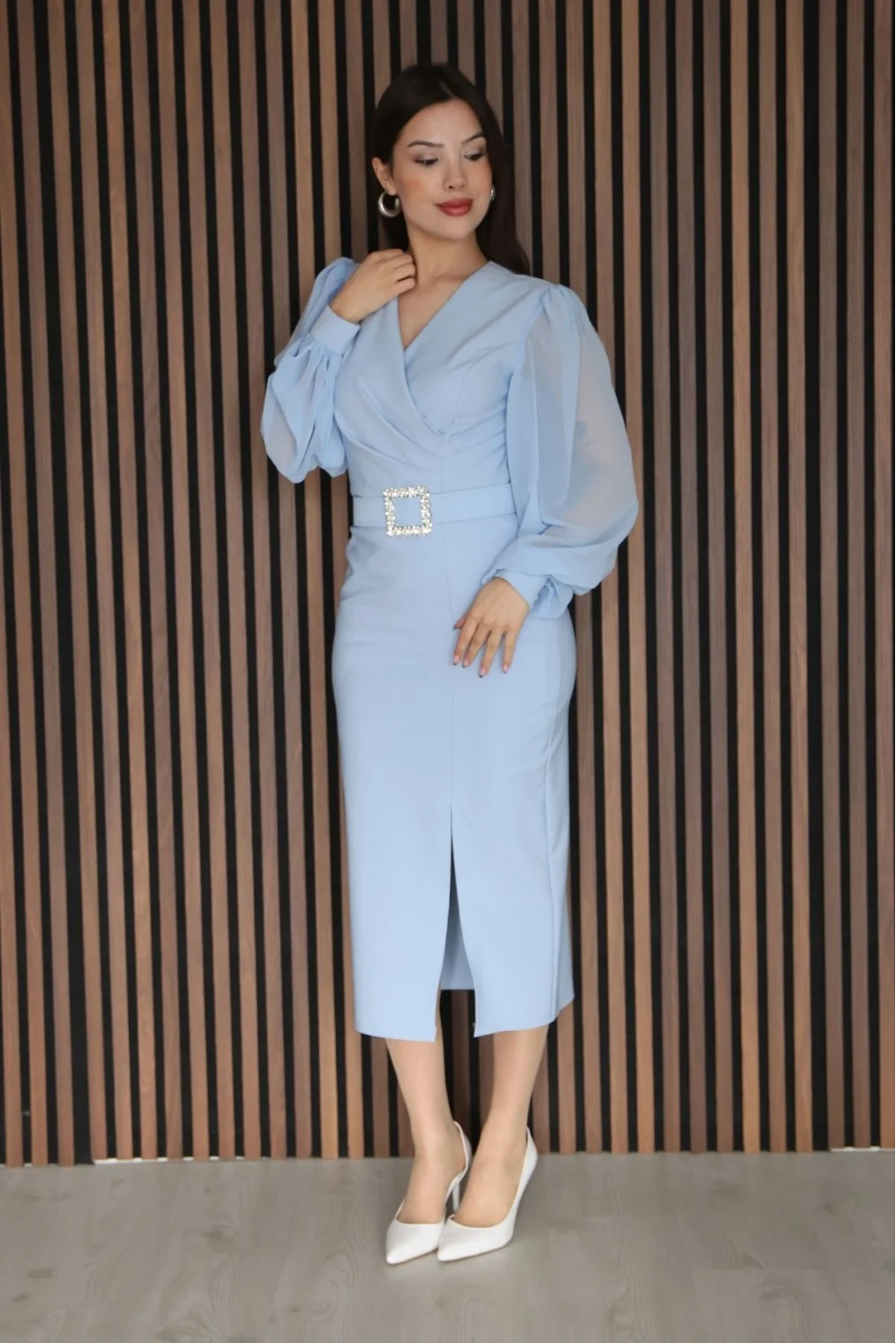 Kruvaze Yaka Balon Kollu Yırtmaçlı Abiye Elbise 2315-Bebe Mavisi