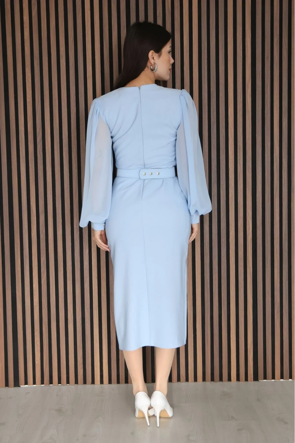 Kruvaze Yaka Balon Kollu Yırtmaçlı Abiye Elbise 2315-Bebe Mavisi