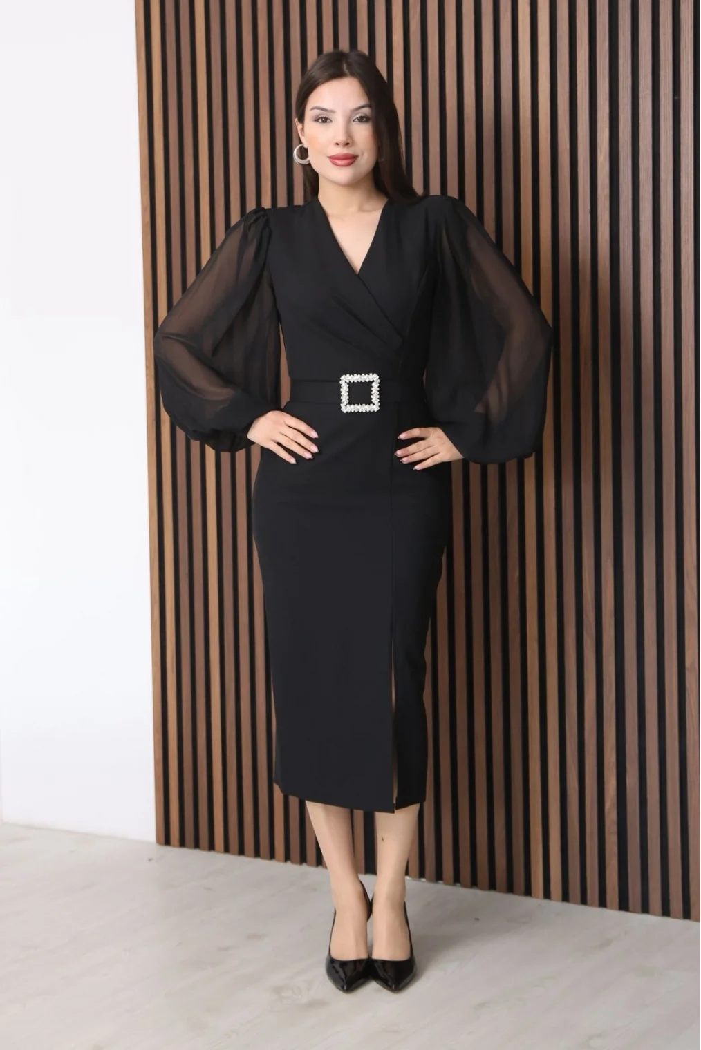 Kruvaze Yaka Balon Kollu Yırtmaçlı Abiye Elbise 2315-Siyah