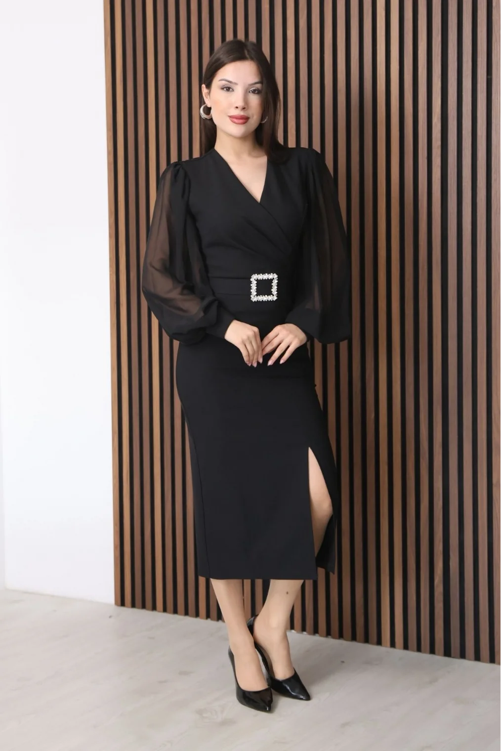 Kruvaze Yaka Balon Kollu Yırtmaçlı Abiye Elbise 2315-Siyah