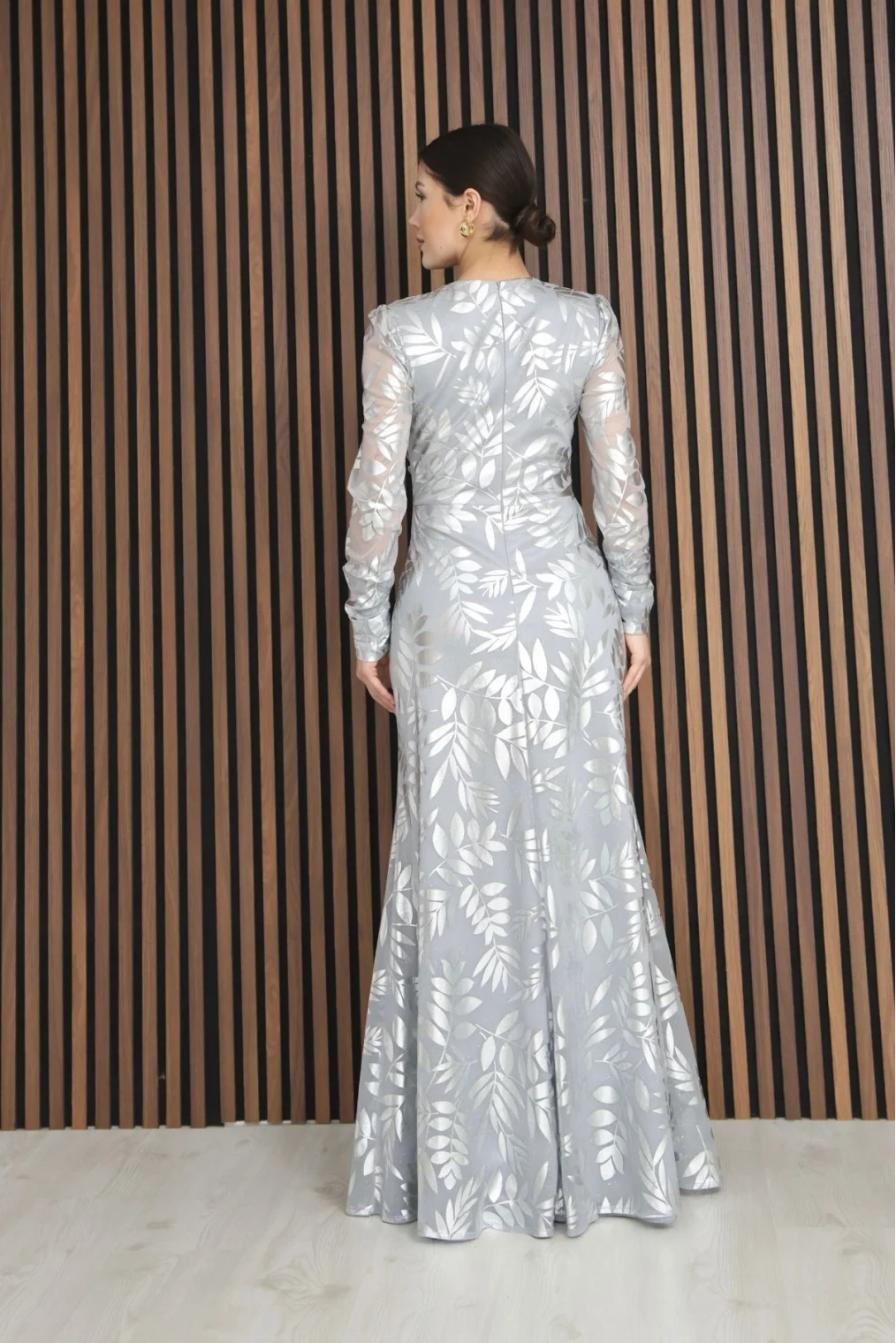 Kruvaze Yaka Bel Pileli Yırtmaçlı Abiye Elbise 2330-Gri